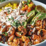 Healthy Grilled Shrimp Bowl with Avocado Corn Salsa and Creamy Sauce