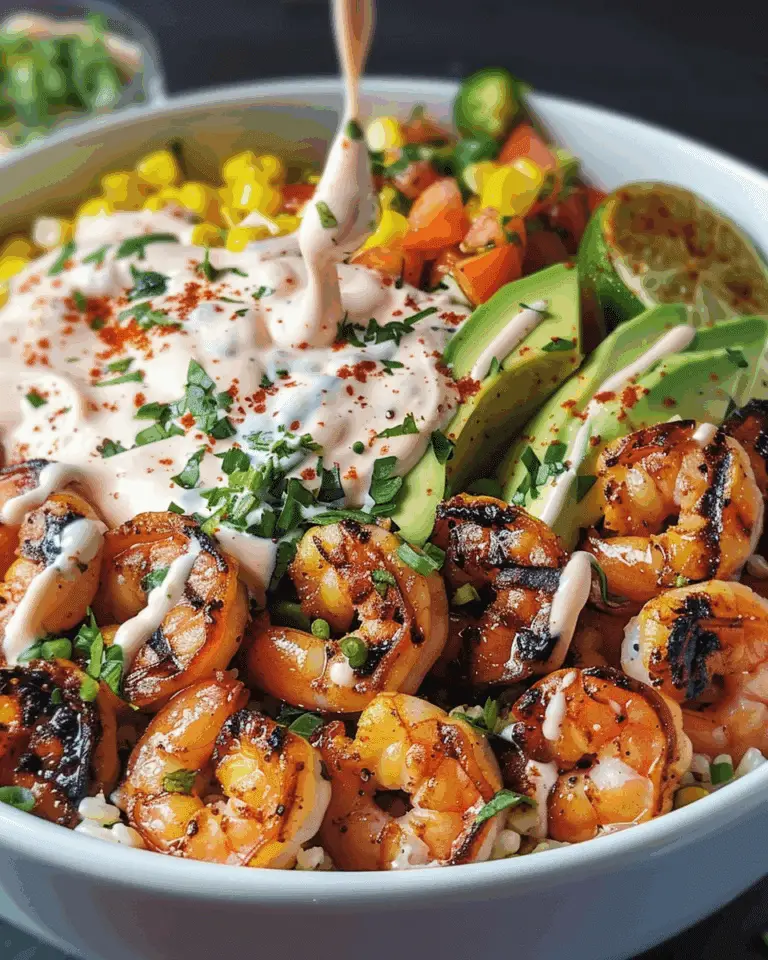 Healthy Grilled Shrimp Bowl with Avocado Corn Salsa and Creamy Sauce