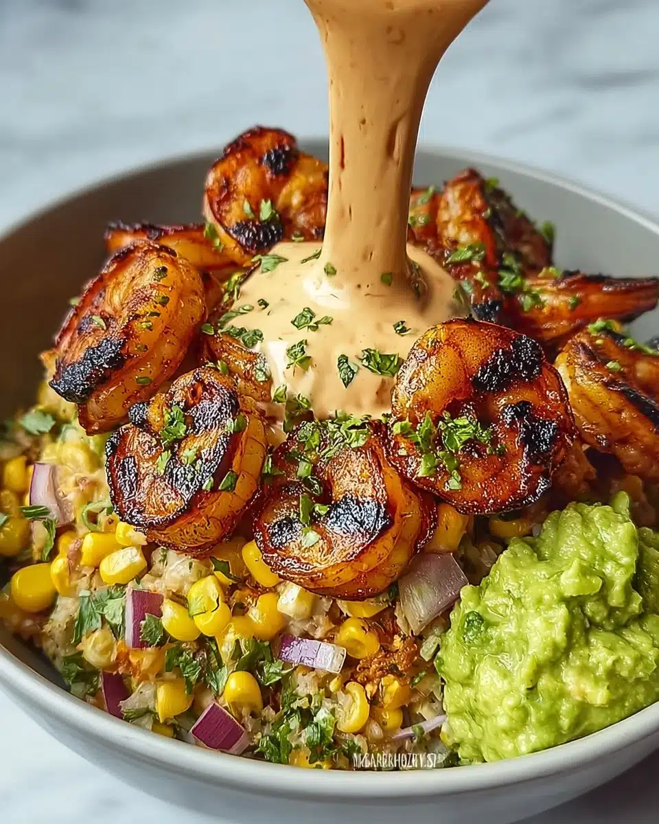 Grilled Shrimp Bowl with Avocado, Corn Salsa & Creamy Sauce Recipe