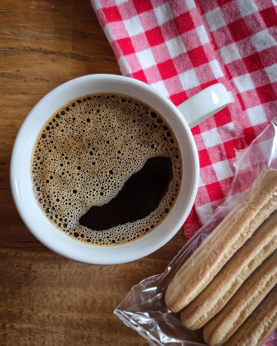 A white cup filled with black coffee topped with light brown foam bubbles, placed on a wooden surface with a red and white checkered cloth on the right side holding a pack of long, light brown ladyfinger biscuits in clear plastic wrapping, photo taken with an iphone --ar 4:5 --v 7