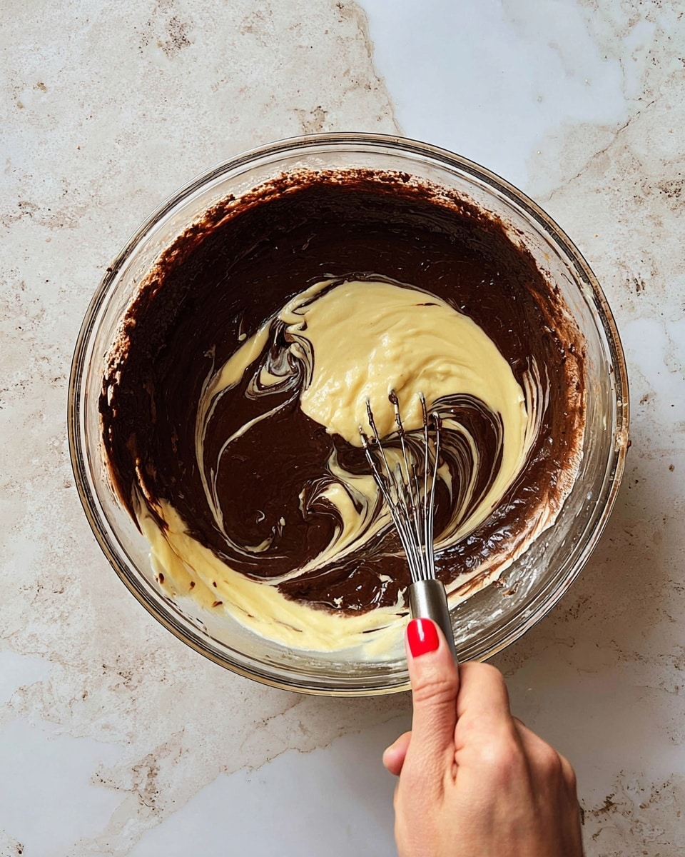 A clear glass bowl sits on a white marbled surface, filled with two thick layers of batter. The bottom layer is a smooth, rich dark brown chocolate mix, while a lighter creamy yellow batter is partially swirled on top. A woman's hand with red nail polish holds a whisk stirring the two batters together, creating a marbled pattern where the colors blend. The bowl edges show some of the batter sticking to the sides, adding texture to the scene. photo taken with an iphone --ar 4:5 --v 7