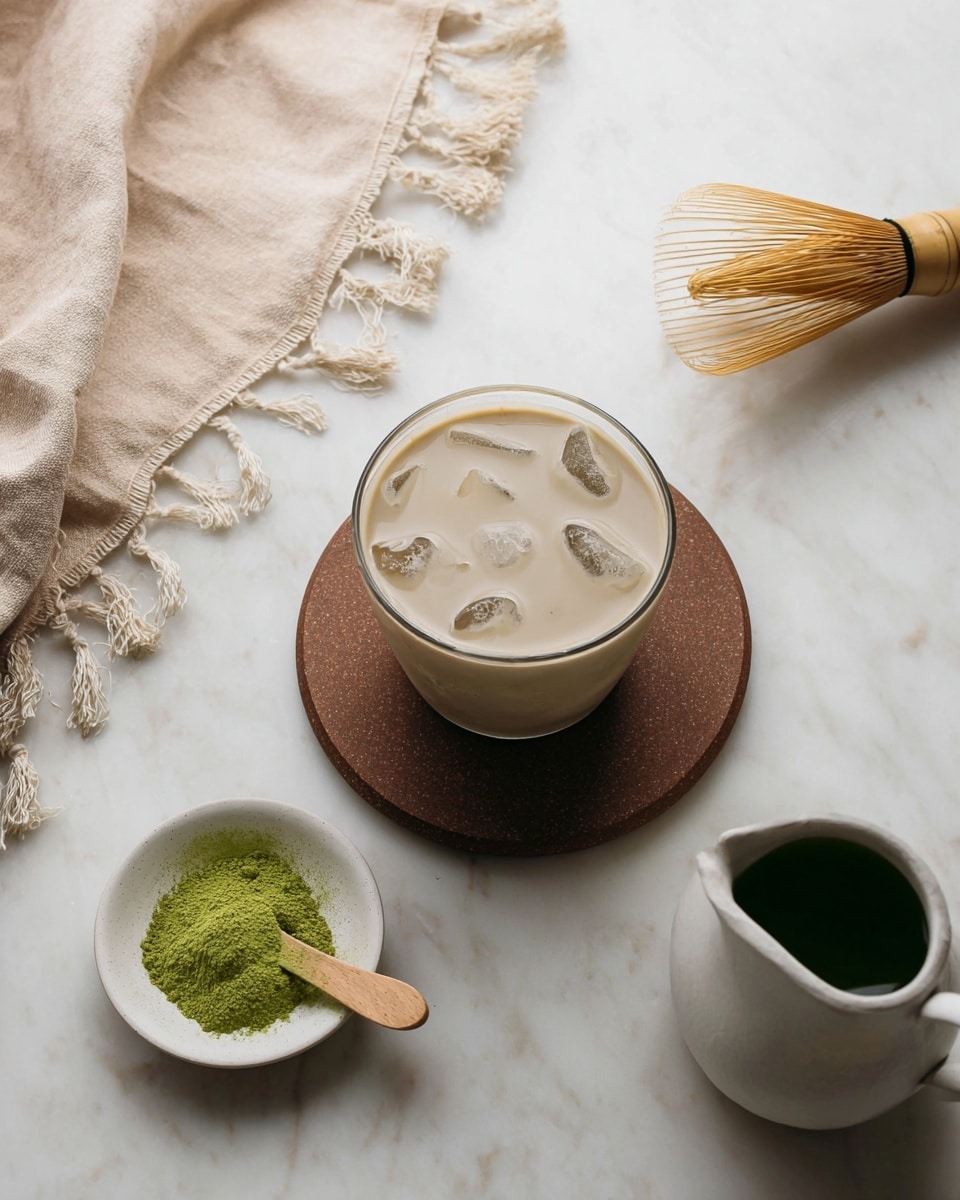The image shows a clear glass cup filled with light brown iced matcha latte sitting on a round brown coaster, placed on a white marbled surface. Around the cup, there is a small white bowl with bright green matcha powder and a tiny wooden scoop resting inside it, positioned near the bottom center. To the right, a small white ceramic pitcher filled with dark green matcha tea is visible. A bamboo matcha whisk lies above the glass cup, and a beige cloth with frayed edges is draped in the top left corner, adding softness to the scene. Photo taken with an iphone --ar 4:5 --v 7