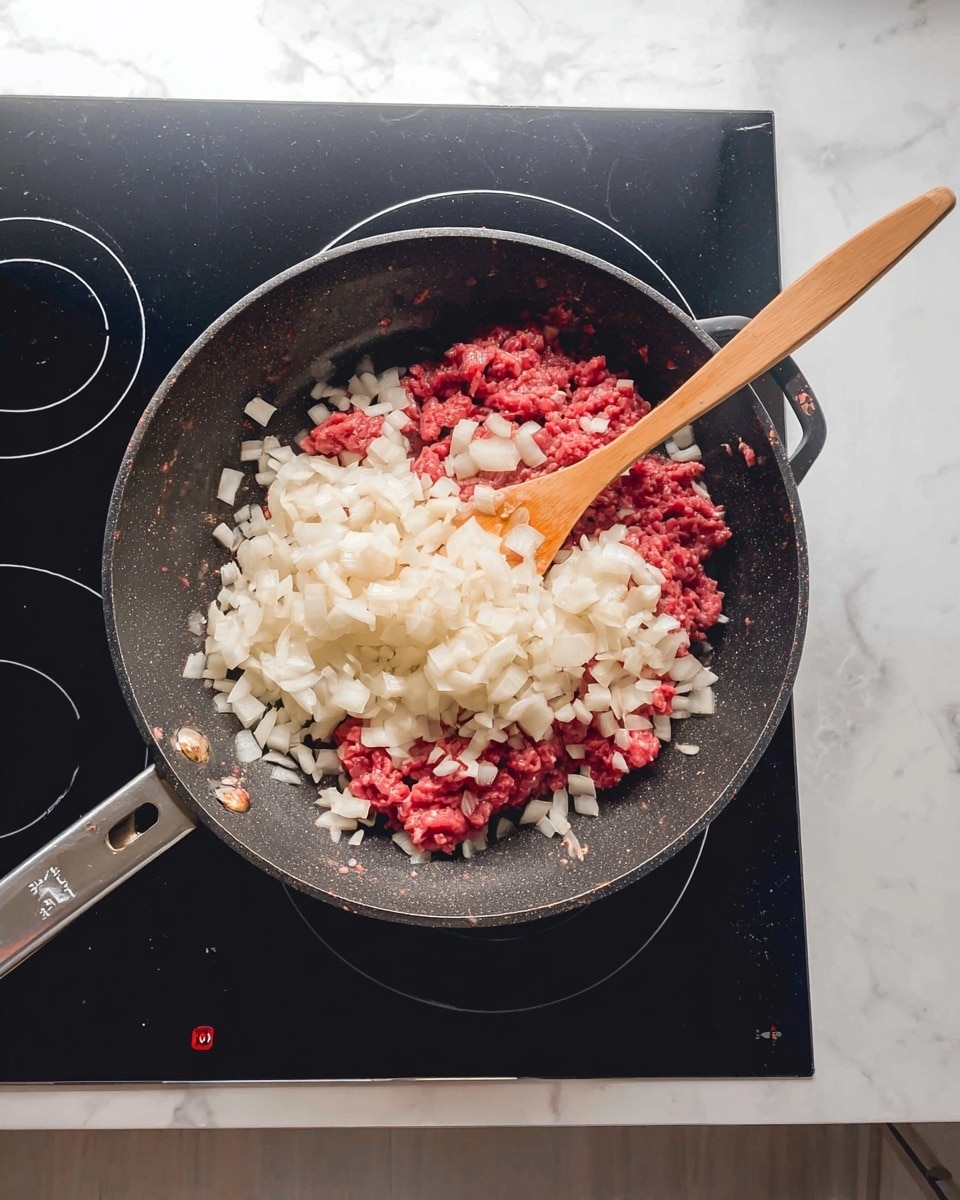 A black frying pan with two handles sits on a black stove with white rings. Inside the pan, there is a layer of raw red ground meat at the bottom, topped with a thick layer of chopped white onions. A wooden spatula rests inside the pan with the handle leaning to the right. The surface beneath the stove is a white marbled texture. photo taken with an iphone --ar 4:5 --v 7