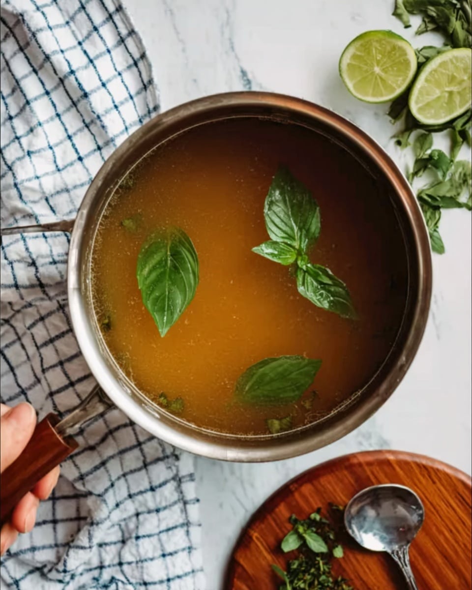 A top view of a shiny silver pot filled with light brown soup, with three fresh green basil leaves floating on the surface. The pot is held by a woman's hand. The pot sits on a white checkered cloth with blue lines, placed on a white marbled surface. To the right of the pot, there are two squeezed lime halves and some green herbs. Below the pot, there is a wooden round board with a shiny silver spoon resting on it. photo taken with an iphone --ar 4:5 --v 7