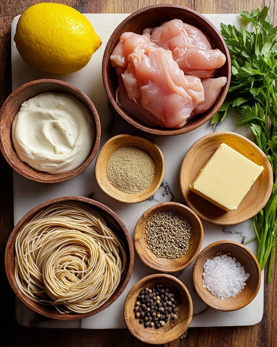 The image shows raw pieces of pink chicken meat placed in two small brown bowls, with one bowl having more pieces than the other. Slightly above and to the left is a bright yellow whole lemon. To the left of the lemon, a small bowl contains a white creamy substance with a smooth texture. Below this bowl, another small bowl holds light beige thin noodles piled in a nest-like shape. Toward the center, a bowl holds a light brown coarse powder, likely seasoning. Above this bowl, a wooden bowl contains two thick slabs of pale yellow butter. To the right of the butter, small brown bowl has a mix of black and white peppercorns. Below the chicken bowls on the right, a small bowl holds white coarse salt. In the top right corner, a fresh bunch of green parsley lies on the wooden surface. The setting rests on a white marbled texture. Photo taken with an iphone --ar 4:5 --v 7