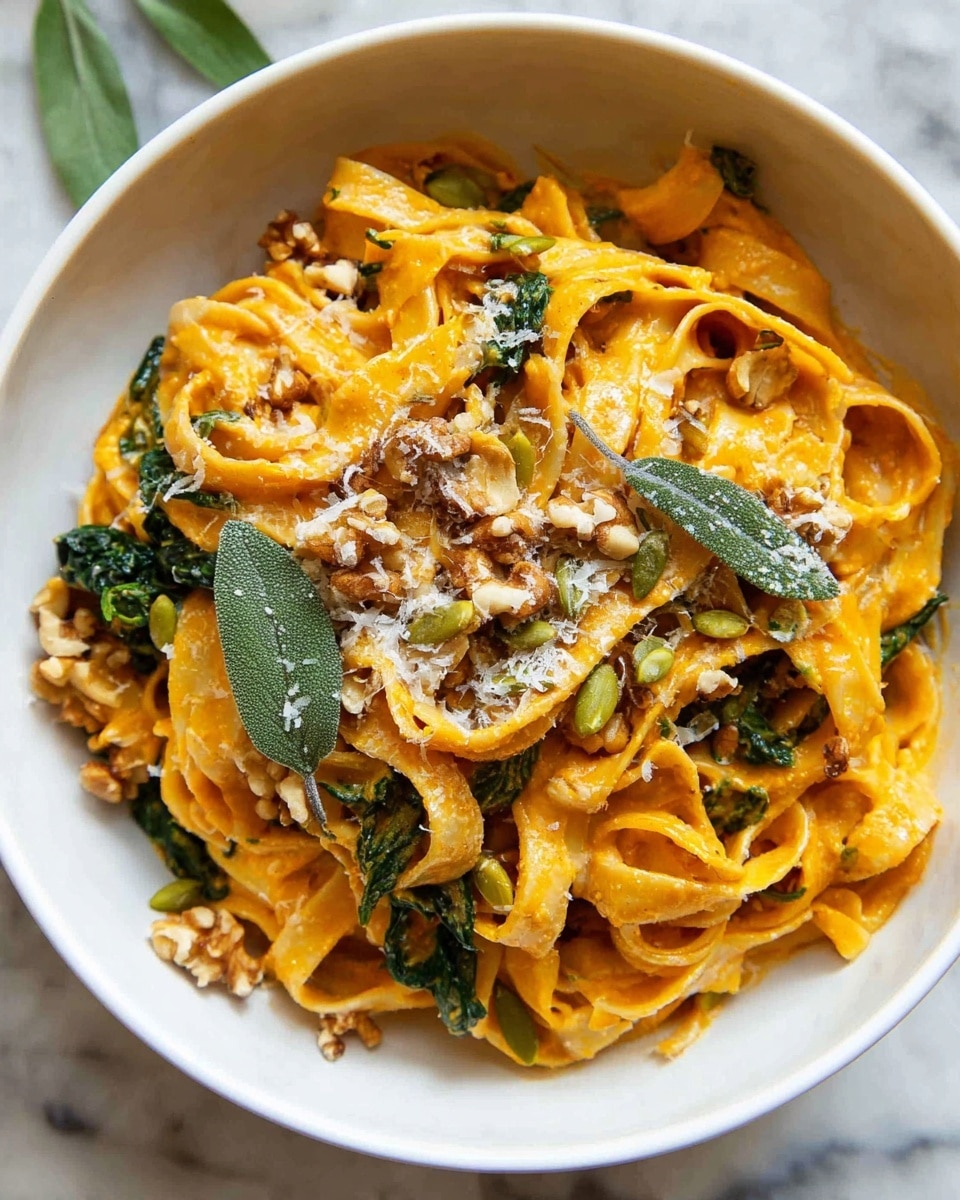 A white bowl filled with a plate of creamy orange pasta, with thick, flat noodles twirled and layered evenly. Mixed throughout are wilted dark green spinach leaves adding contrast to the orange sauce. On top, there are scattered light brown chopped walnuts and green pumpkin seeds, adding texture. A few whole sage leaves rest on the surface, and a fine dusting of grated cheese covers parts of the pasta and nuts lightly. The bowl is placed on a white marbled surface. photo taken with an iphone --ar 4:5 --v 7