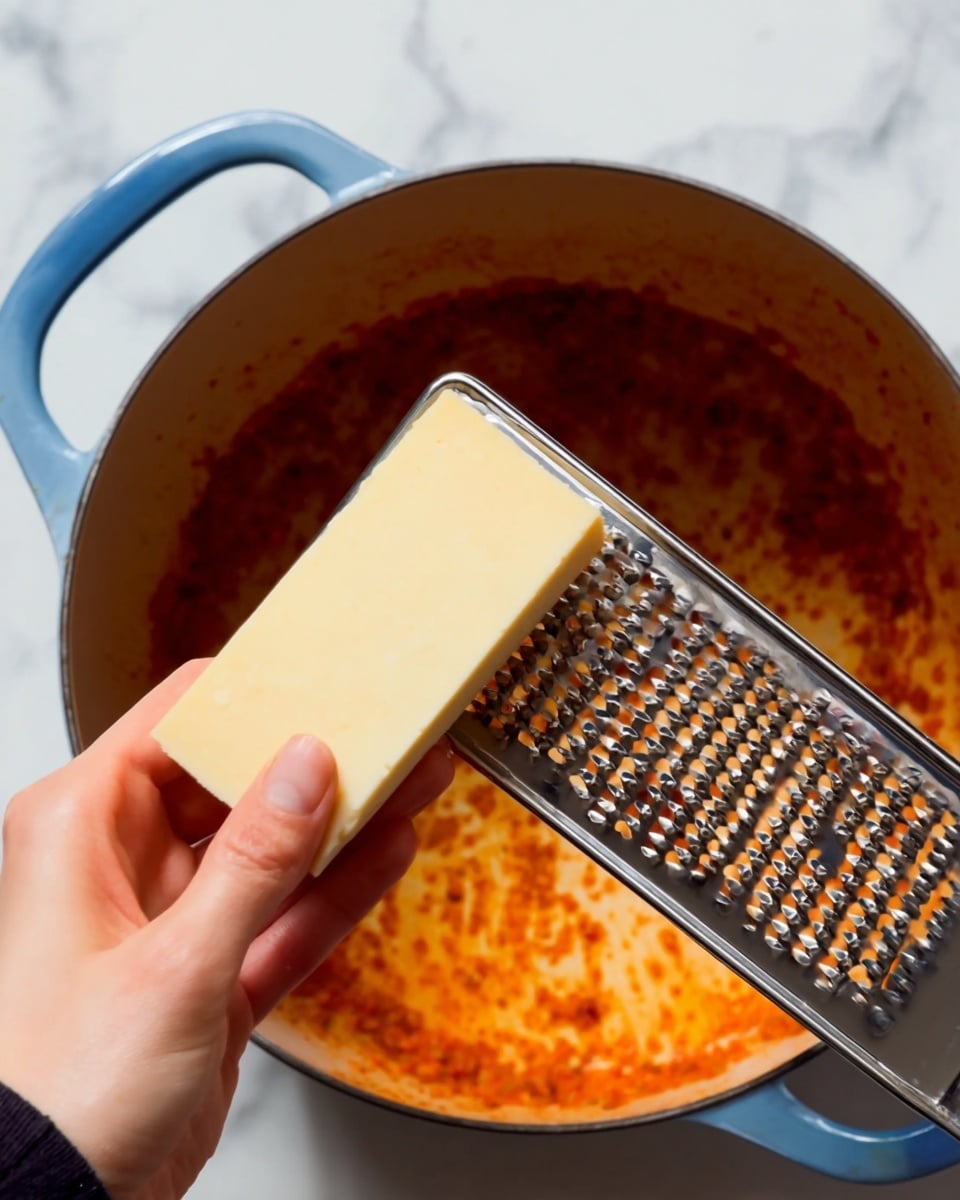 A close-up view of a woman’s hand holding a rectangular block of light yellow cheese near a metal grater with medium-sized holes. The grater is positioned inside a large pot with a blue handle, and the pot’s interior is filled with a reddish-orange saucy mixture that has a slightly chunky texture. The background features a white marbled surface. photo taken with an iphone --ar 4:5 --v 7