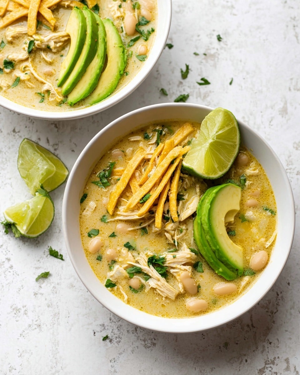 Two white bowls sit on a white marbled surface, each filled with creamy yellow soup containing shredded chicken and white beans. In the foreground bowl, a lime wedge rests on the right edge, three slices of ripe avocado with smooth green skin lean against the lime, and a small pile of golden yellow, thin fried strips sits on the left side of the bowl. Bits of chopped green herbs are sprinkled throughout the soup, adding small pops of color. The second bowl in the back has a similar lime wedge and avocado slices resting on top. Small pieces of green herbs are scattered on the white marbled surface around the bowls. Photo taken with an iphone --ar 4:5 --v 7