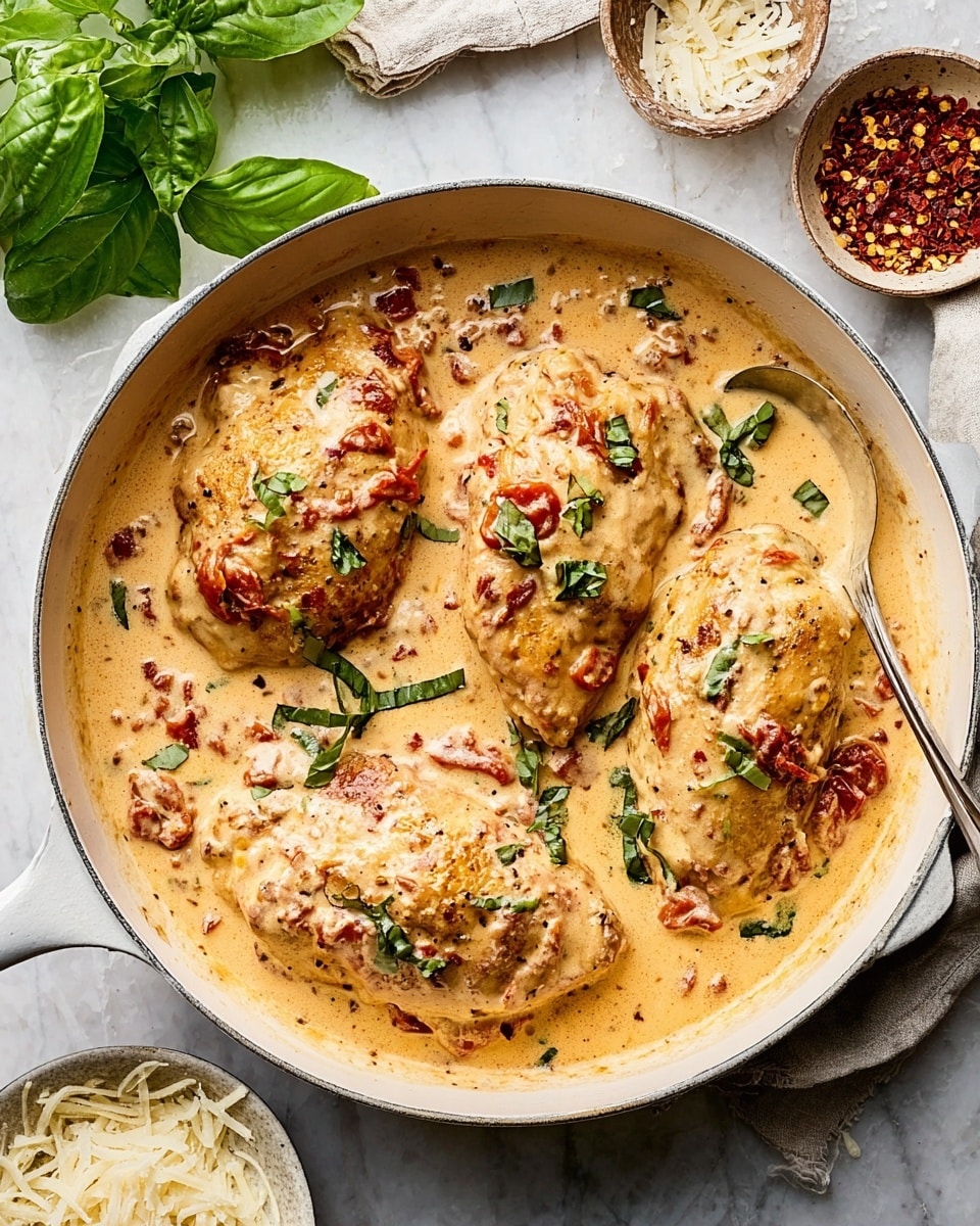 The image shows a white pan filled with four large chicken pieces in a creamy sauce. The sauce is light beige with visible bits of red tomatoes and small green herbs scattered on top. The chicken pieces are thick and coated in the sauce, with some spots showing a golden-brown sear. Around the pan on a white marbled surface, there are fresh green basil leaves, a small bowl with red chili flakes, and another bowl with what looks like shaved cheese. The whole scene is bright and fresh, with the creamy sauce looking smooth and slightly thick. Photo taken with an iphone --ar 4:5 --v 7