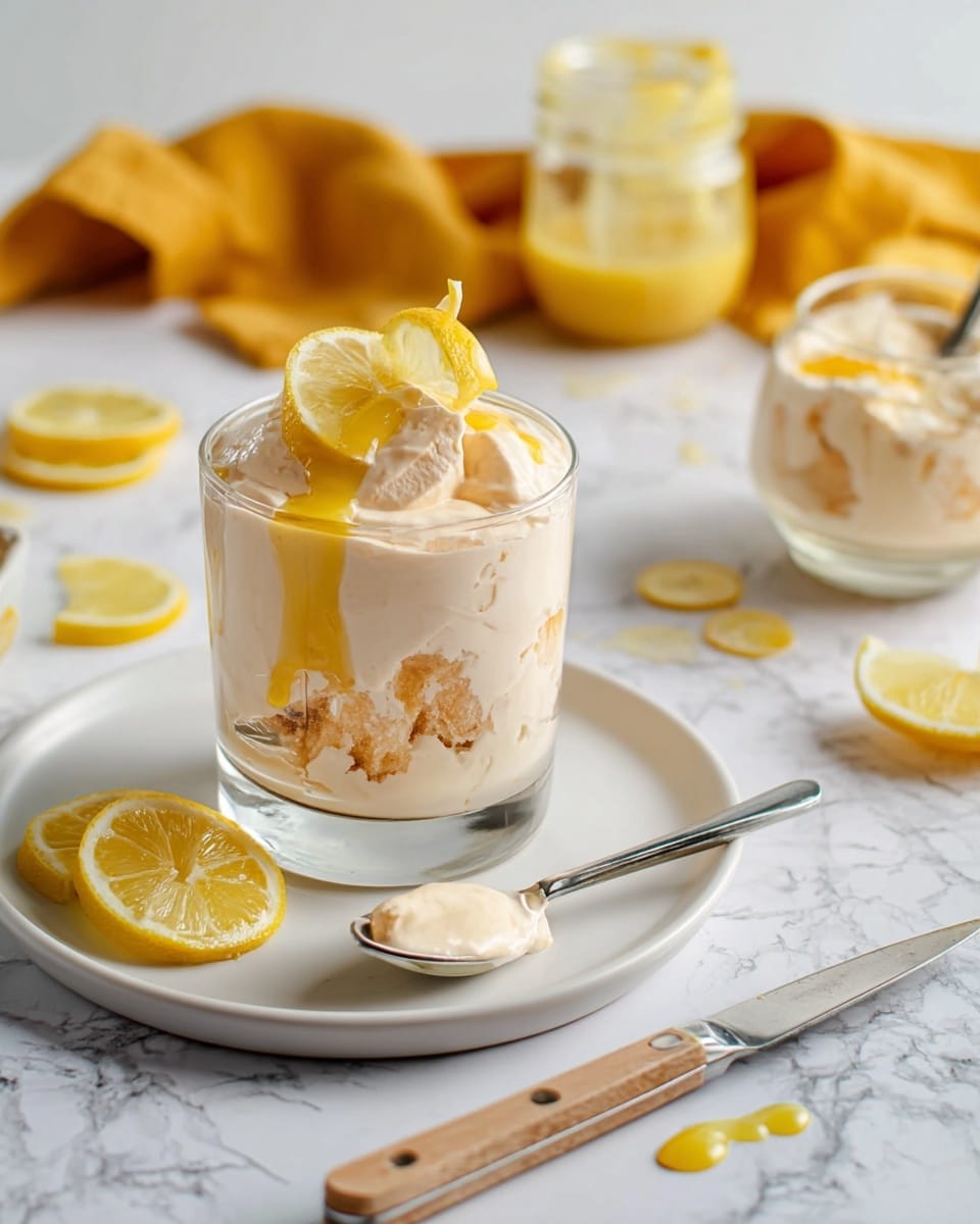 A clear glass contains a creamy dessert with visible layers: soft beige cake pieces mixed with thick, smooth pale cream, topped with thin lemon slices and a dollop of glossy yellow sauce. The glass sits on a white plate, alongside two lemon wedges and a spoon with some cream on it. The background is a white marbled surface with scattered lemon slices, a small jar with a yellow sauce and a spoon, and a yellow cloth draped casually. A knife with a light wooden handle lies near the dessert. Photo taken with an iphone --ar 4:5 --v 7