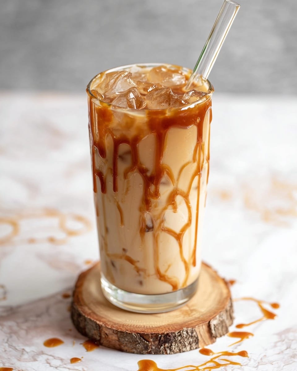 A tall clear glass filled with light beige iced coffee shows several ice cubes floating inside. Thick caramel sauce drips down from the rim of the glass, creating uneven caramel streaks along the sides. The drink is placed on a light wooden round coaster that has bark edges, sitting on a white marbled surface. A clear glass straw is inserted into the drink, angled slightly to the right. Some caramel drips are visible on the marbled surface near the coaster. Photo taken with an iphone --ar 4:5 --v 7