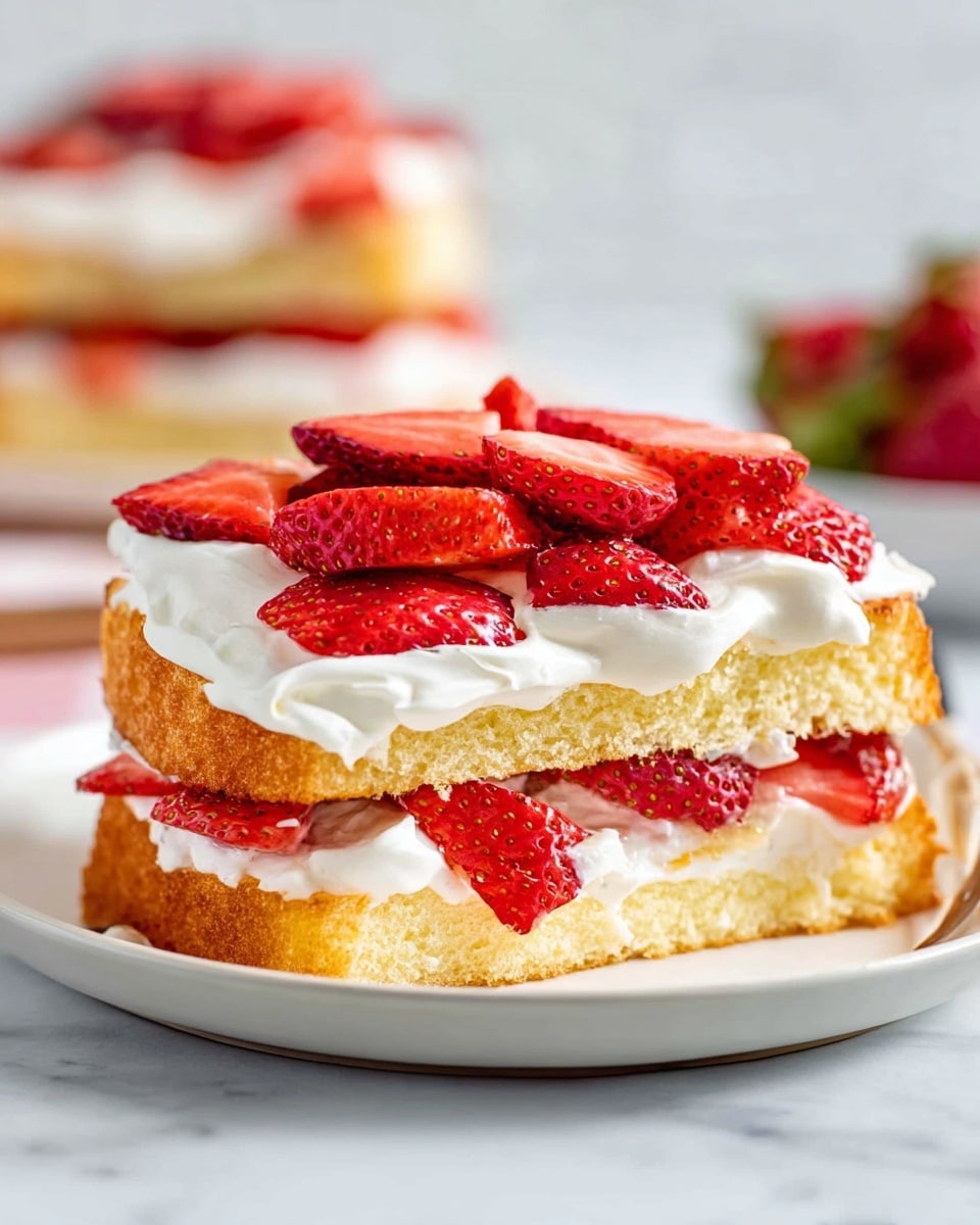 Two sandwich pieces are stacked on a white plate, each layer clearly visible. The bottom layer is a slice of bread with a golden brown crust. On top of it is a thick white cream layer visible around the edges. Above the cream, there are bright red strawberry slices placed evenly. The middle layer is another slice of bread, also golden brown. This is topped by another layer of white cream, spread thickly. The top layer consists of more strawberry slices piled generously. Behind this plate, there is a second similar sandwich blurred slightly, sitting on a white plate. The surface is a white marbled texture with some silver forks on the side. The photo taken with an iphone --ar 4:5 --v 7