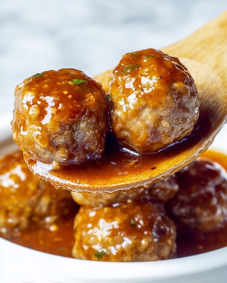 A close-up of three small meatballs covered in a shiny, thick brown sauce resting on a large wooden spoon. The meatballs have a slightly rough texture with visible bits of seasoning and herbs, and the sauce glistens under the light, showing a rich, sticky coating. Below the spoon, more meatballs sit in a white bowl filled with sauce, angled slightly out of focus. The background features a soft, white marbled texture. photo taken with an iphone --ar 4:5 --v 7