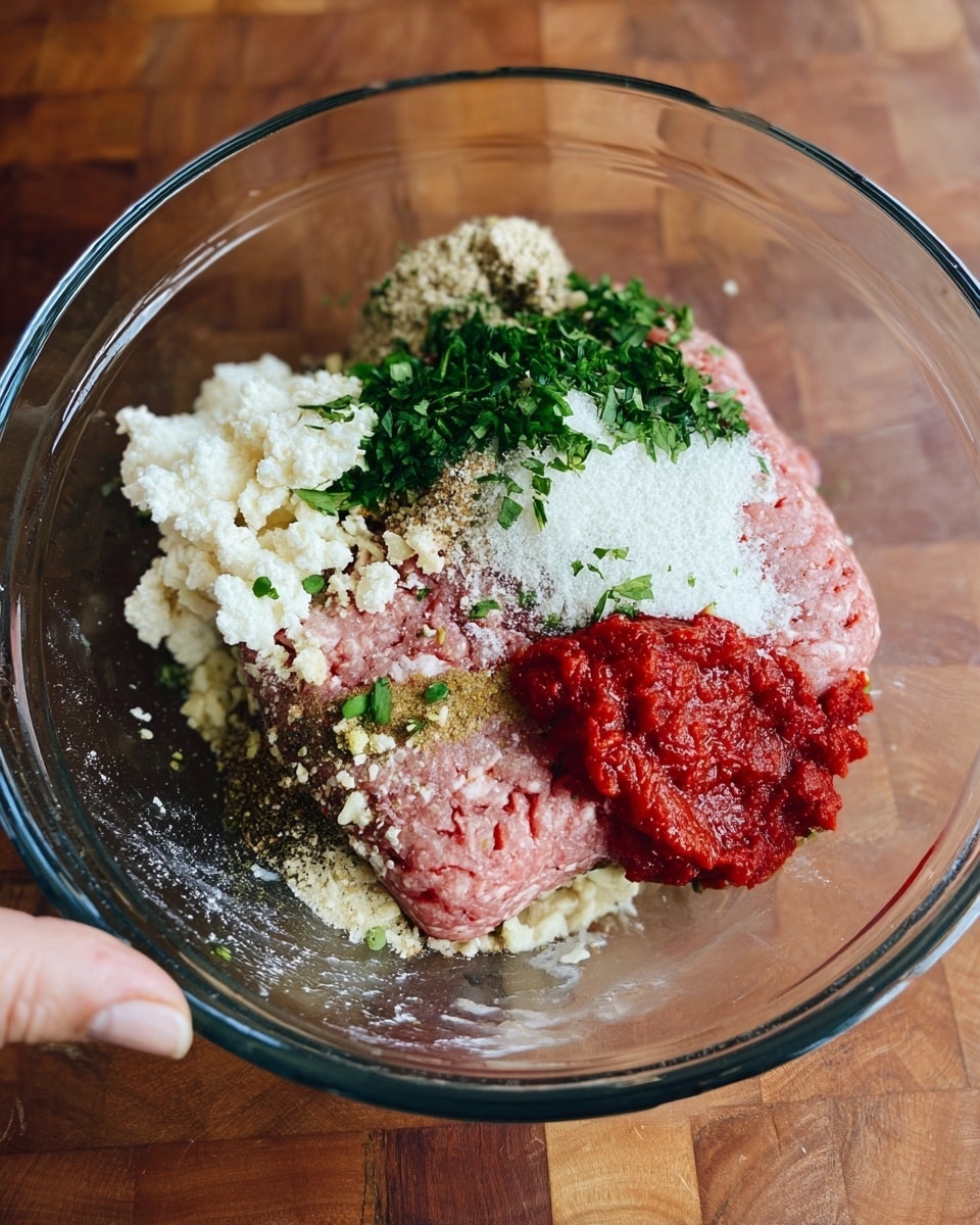 A clear glass bowl holds several layers of ingredients on a white marbled surface. The bottom layer features two large blocks of pink ground meat. On the left side, there is a heap of white crumbly cheese. Bright green chopped herbs are sprinkled in the center, accompanied by fine white powdery seasoning on the right. Below the cheese and herbs, there is a small pile of minced garlic and dark ground pepper. A vibrant red dollop of tomato paste sits near the bottom right edge of the meat. The bowl is resting on a wooden table, and a woman's hand is gently touching the edge of the bowl. Photo taken with an iphone --ar 4:5 --v 7