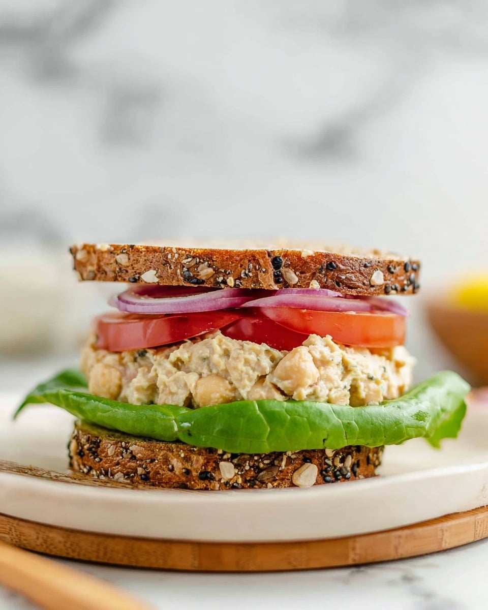 A sandwich with three clear layers is shown close-up on a white plate with a wooden edge, placed on a white marbled surface. The bottom layer has a leaf of crisp green lettuce resting on a slice of dark seeded bread dotted with white and black seeds. On top of the lettuce is a thick, creamy chickpea spread with visible small seeds and bits of chickpeas. Above the spread lies a bright red tomato slice followed by a thin, translucent purple onion slice. Another slice of the same dark seeded bread with visible seeds crowns the sandwich. The background is softly blurred with a white marbled texture. Photo taken with an iphone --ar 4:5 --v 7