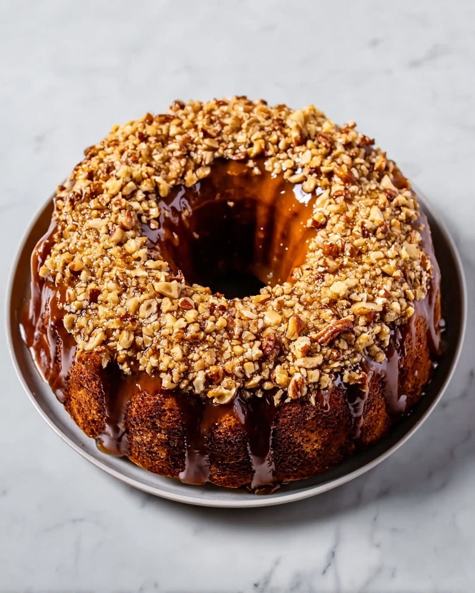 The image shows a round bundt cake with a shiny caramel glaze on top, rich brown in color and smooth in texture. The top layer is covered with a thick layer of chopped nuts that add a rough texture and light brown color. The cake itself has a darker brown color and a slightly shiny surface, with ridges formed by the shape of the bundt pan. The cake is placed on a white plate, all set on a white marbled textured surface. photo taken with an iphone --ar 4:5 --v 7