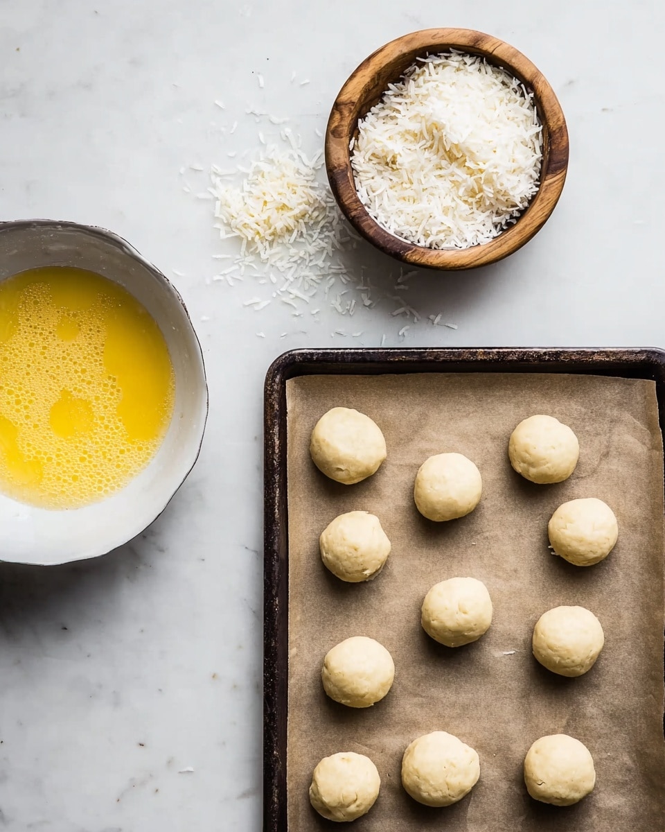 The image shows a baking tray lined with brown parchment paper, holding ten small, round dough balls evenly spaced over two layers. To the left, there is a white bowl filled with beaten egg, showing a yellow, foamy texture. Above the bowl, a wooden bowl is full of white shredded coconut with some pieces falling onto the white marbled surface. The overall color scheme is light with soft, natural textures, and the setup has a clean and simple look, photo taken with an iphone --ar 4:5 --v 7