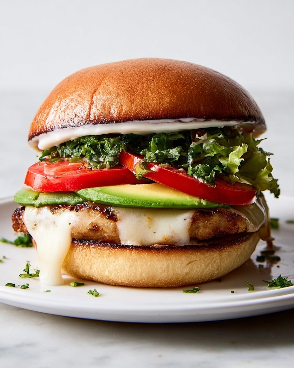 A sandwich with a soft brown top bun, spread with white sauce on its underside, rests on a white plate over a white marbled surface. Below the bun, there is a thick layer of green leafy lettuce mixed with sliced light green avocado and small bits of green herbs. Underneath this, bright red tomato slices sit on a smooth, slightly melted white cheese layer. The cheese covers a grilled, golden brown cooked meat piece with visible grill marks. The bottom bun is lightly toasted and also spread with white sauce, slightly overflowing at the edges. Some chopped green herbs are scattered around the sandwich on the plate. Photo taken with an iphone --ar 4:5 --v 7
