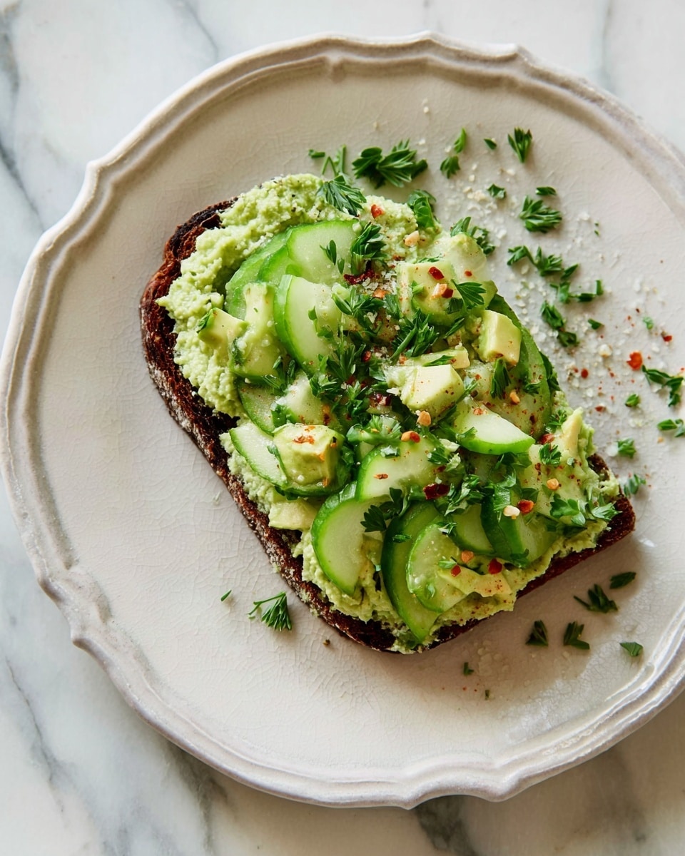 A single slice of dark toasted bread sits on a white plate with scalloped edges and a few small pieces of green herbs scattered on the plate. The bread is covered with a thick, pale green spread that has a creamy, slightly grainy texture. On top of the spread, there is a layer of fresh, thinly sliced light green cucumber pieces mixed with small chunks of pale green avocado and bright green herbs like parsley. The topping is sprinkled with coarse grains of white salt and tiny red chili flakes. The whole dish rests on a white marbled surface. photo taken with an iphone --ar 4:5 --v 7