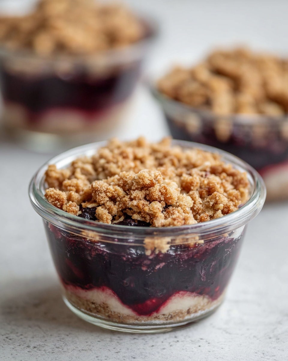 The image shows a small clear glass bowl filled with two layers of dessert. The bottom layer is a dark purple, shiny fruit mix with a smooth texture, likely berries. The top layer is a thick, crumbly oat topping, light brown with visible oats and a rough texture. The bowl sits on a white marbled surface with two more similar bowls blurred in the background. Photo taken with an iphone --ar 4:5 --v 7