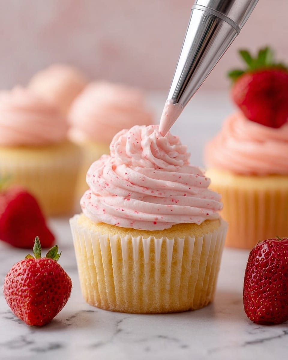 The image shows a close-up of a vanilla cupcake with two visible layers: the cupcake base is golden yellow with a soft texture, and a thick swirl of light pink frosting with small red specks is being piped on top with a metal tip. In the background, there are three plain cupcakes without frosting and one cupcake already topped with pink frosting and a whole red strawberry with green leaves on top. Two whole red strawberries with green leaves are placed near the cupcakes on a white marbled surface. The focus is on the frosting being piped, with the background softly blurred. photo taken with an iphone --ar 4:5 --v 7