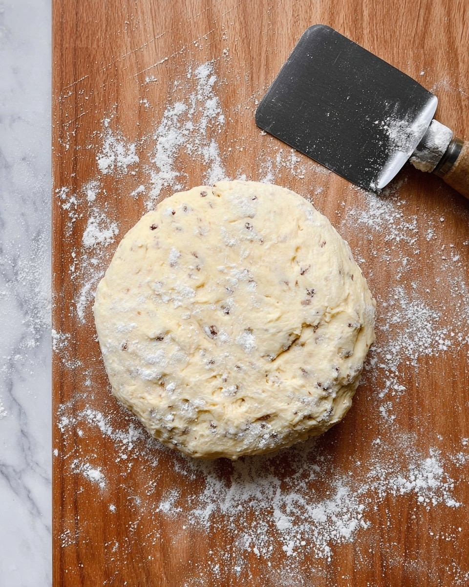 A round dough with visible small dark spots is placed on a wooden board sprinkled with white flour. The dough surface is rough with some cracks, and it looks soft and thick. A large black metal dough scraper is resting near the top right corner of the dough on the board. The background is changed to a white marbled texture. photo taken with an iphone --ar 4:5 --v 7