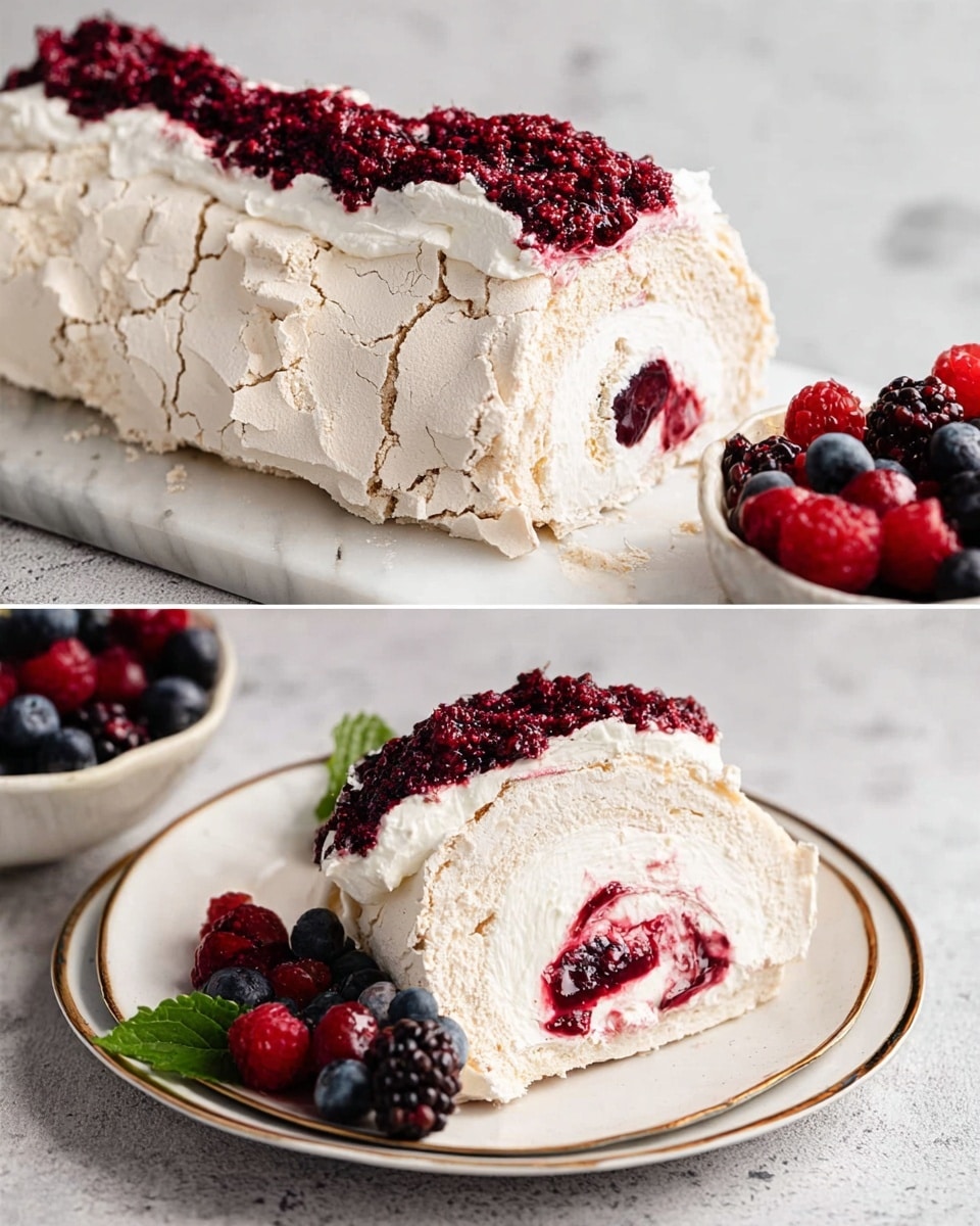 The image shows a rough-textured meringue roll partially unrolled on a white marbled surface. The meringue layer is a light beige color with cracks on its surface. On top of the meringue is a thick white cream spread evenly, covered with a layer of crushed dark red and purple berries. The second shot shows a slice of the meringue roll placed on a white plate with a gold rim. The slice reveals the rolled layers: a beige cracked meringue outer layer, a thick white cream middle layer, and a swirl of dark red berry sauce inside the cream. On the side of the slice are whole fresh berries in dark purple and red colors, along with a few green leaves. Behind the plate is a white bowl filled with assorted whole fresh berries. Photo taken with an iphone --ar 4:5 --v 7