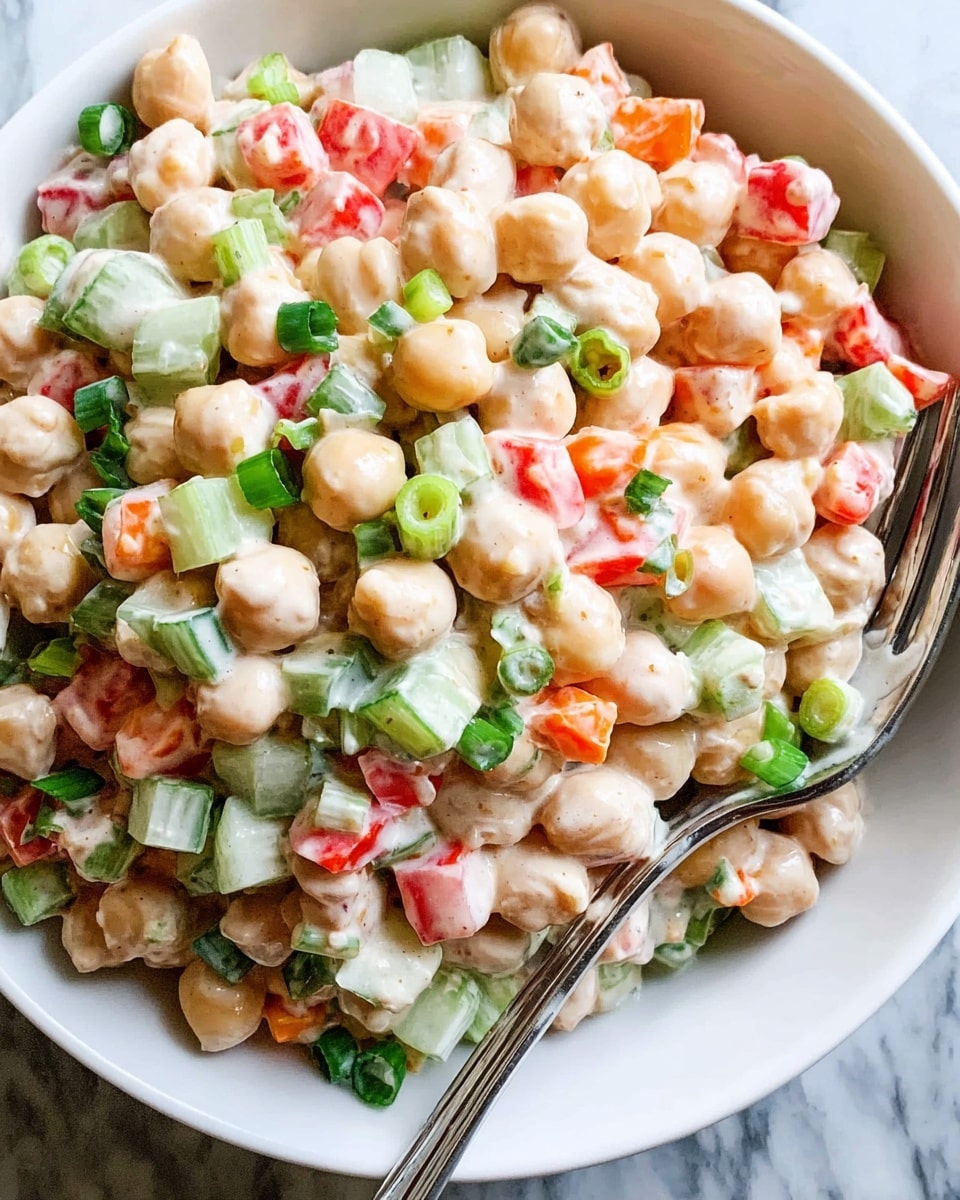 A close-up of a white bowl filled with a creamy chickpea salad layered with round beige chickpeas, bright green chopped scallions, diced pale green celery, and small cubes of red and orange bell peppers mixed in a light creamy dressing. A silver fork rests on the edge of the bowl, all placed on a white marbled surface. photo taken with an iphone --ar 4:5 --v 7