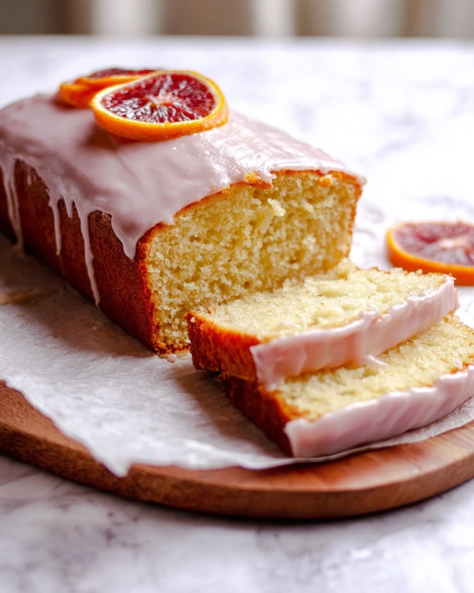 A rectangular loaf cake with a light golden-brown outside and a moist, crumbly pale yellow inside is sliced into three pieces. The top layer has smooth, shiny light pink icing that drips slightly down the sides. There are two thin, round slices of deep red-orange citrus fruit placed near one end on the icing. The cake sits on a white parchment paper which is on a wooden board, all set on a white marbled surface with soft natural light coming from the side. Photo taken with an iphone --ar 4:5 --v 7