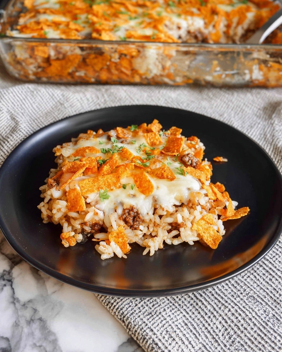 A black plate holds a single serving of a layered casserole dish, starting with a base layer of light brown rice mixed with small bits of cooked ground meat. On top of this, there is a layer of melted white cheese scattered unevenly, partially covering the rice and meat. Bright orange crunchy pieces, likely chips or crisps, are spread across the cheese, adding a rough texture and vibrant color contrast. Small green herb bits are sprinkled on top as garnish. In the background, a clear glass baking dish shows the rest of the casserole with the same layers visible, resting on a white marbled surface covered with a white and gray striped cloth. Photo taken with an iphone --ar 4:5 --v 7