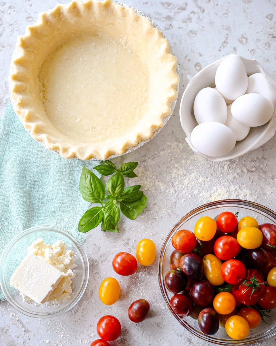 The image shows a white pie crust pressed into a round pan with crimped edges at the top left. To its right, there is a white bowl holding whole white eggs, and below that, a clear glass bowl filled with colorful cherry tomatoes in red, yellow, and purple shades, some tomatoes are scattered outside the bowl on the white marbled surface. To the bottom left, there is a small clear glass bowl with a block of white cheese resting on a light blue cloth. Fresh green basil leaves lie between the pie crust and tomatoes on the white marbled background. Photo taken with an iphone --ar 4:5 --v 7