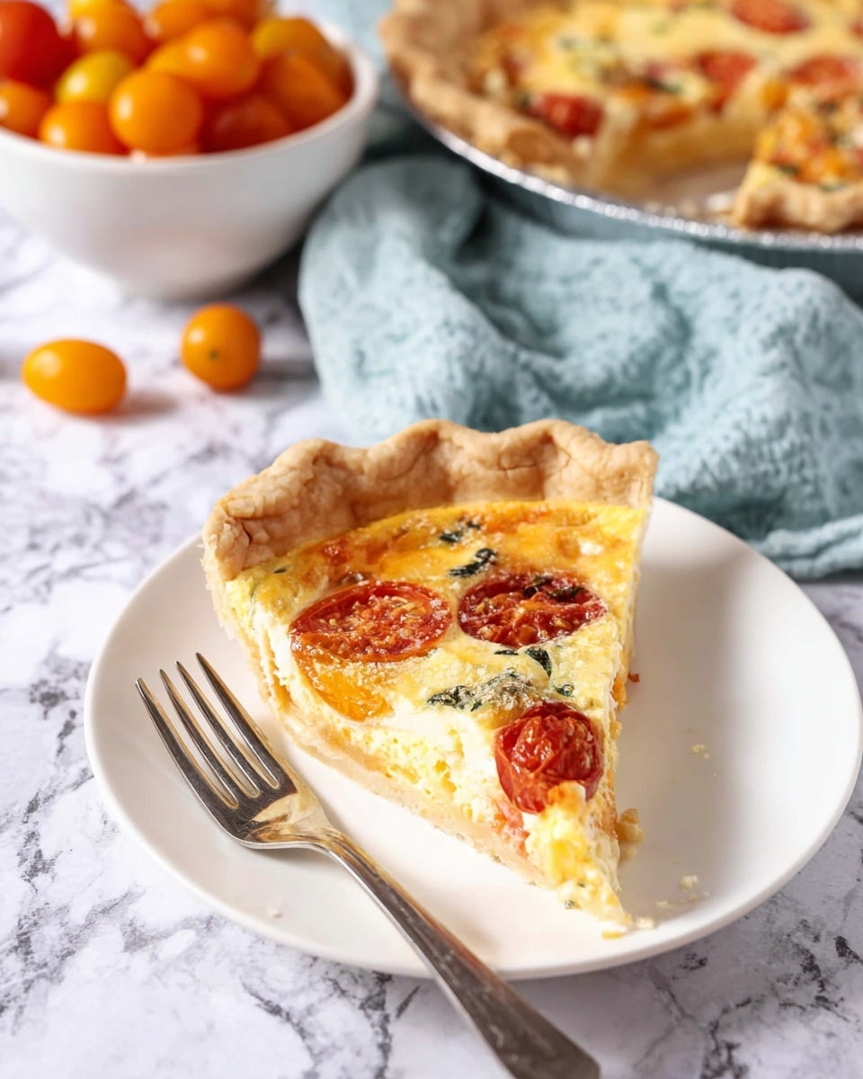A single slice of quiche sits on a white plate with a silver fork beside it. The quiche has three visible layers: the bottom crust is light brown and flaky with a scalloped edge, the middle filling is creamy yellow custard dotted with bright red cherry tomato halves and small pieces of green herbs, and the top layer is slightly browned cheese with a soft texture. In the background, there is part of the remaining quiche in a metal pie pan and a white bowl filled with orange cherry tomatoes on a white marbled surface. A light blue cloth napkin is casually folded near the bowl. Photo taken with an iphone --ar 4:5 --v 7