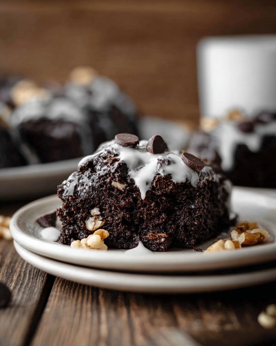 The image shows a close-up of a dark chocolate brownie piece on a white plate placed on a wooden surface. The brownie is moist and dense with a rough texture, covered with a thin layer of white glaze that drips slightly down the sides. On top of the brownie, there are several dark chocolate chips and small pieces of chopped walnuts scattered around. In the background, blurred brownies with similar toppings can be seen. photo taken with an iphone --ar 4:5 --v 7