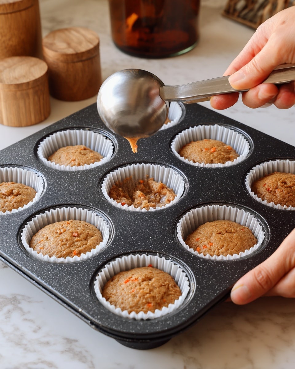 A close-up of a speckled black six-cup muffin tray lined with white paper cups, each cup partially filled with light brown batter showing small orange bits mixed inside. In the left part of the image, a woman's hand is holding a round silver batter scoop as it drops more batter into one of the cups. On the right, the woman's hands are holding the tray on each side, showing all six cups filled with the batter evenly. The tray is set on a white marbled surface with some wooden containers and a brown bottle blurred in the background. photo taken with an iphone --ar 4:5 --v 7