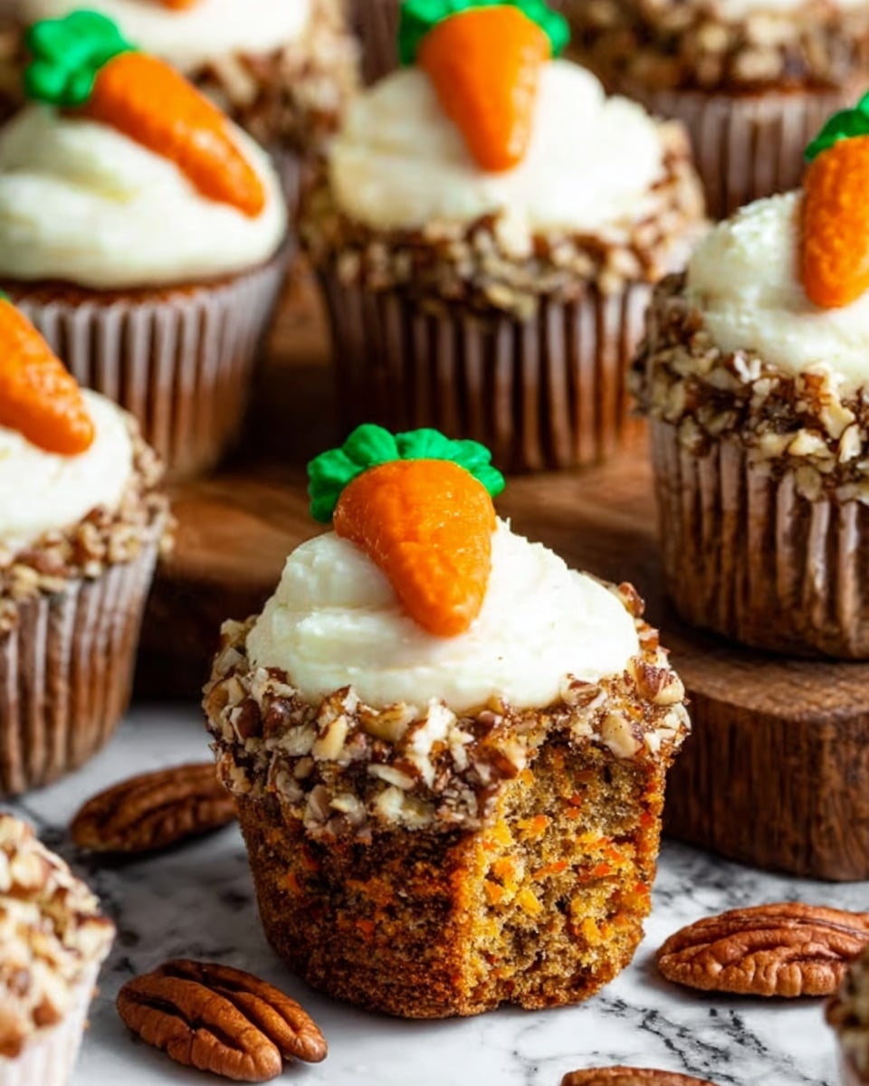 The image shows several cupcakes placed on a wooden board with a few pecans scattered around. Each cupcake has three layers: the base is a brown, textured carrot cake with visible carrot bits, the middle is a thick creamy white frosting topped with chopped nuts covering the edges, and the top layer is an orange carrot-shaped decoration with small green leaves made from icing. The cupcakes are in white paper liners, and the background surface is a white marbled texture. Photo taken with an iphone --ar 4:5 --v 7