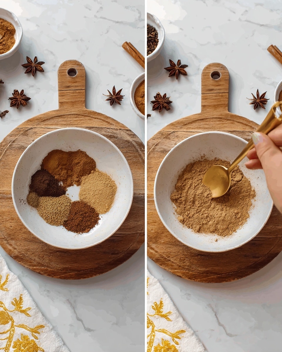 Chai Spice Cake with Pastry Cream and Cream Cheese Frosting Recipe 4 Two side-by-side images show a white bowl on a round wooden board with a handle, placed on a white marbled surface. The left image shows six small piles of different brown spices arranged in separate sections inside the bowl, with colors ranging from light tan to dark brown. The right image features a woman's hand holding a small golden spoon mixing the spices into a uniform light brown powder inside the bowl. Around the board, there are star anise and bowls with more spices visible in the background. A white towel with yellow designs is partially visible at the bottom left corner. Photo taken with an iphone --ar 4:5 --v 7