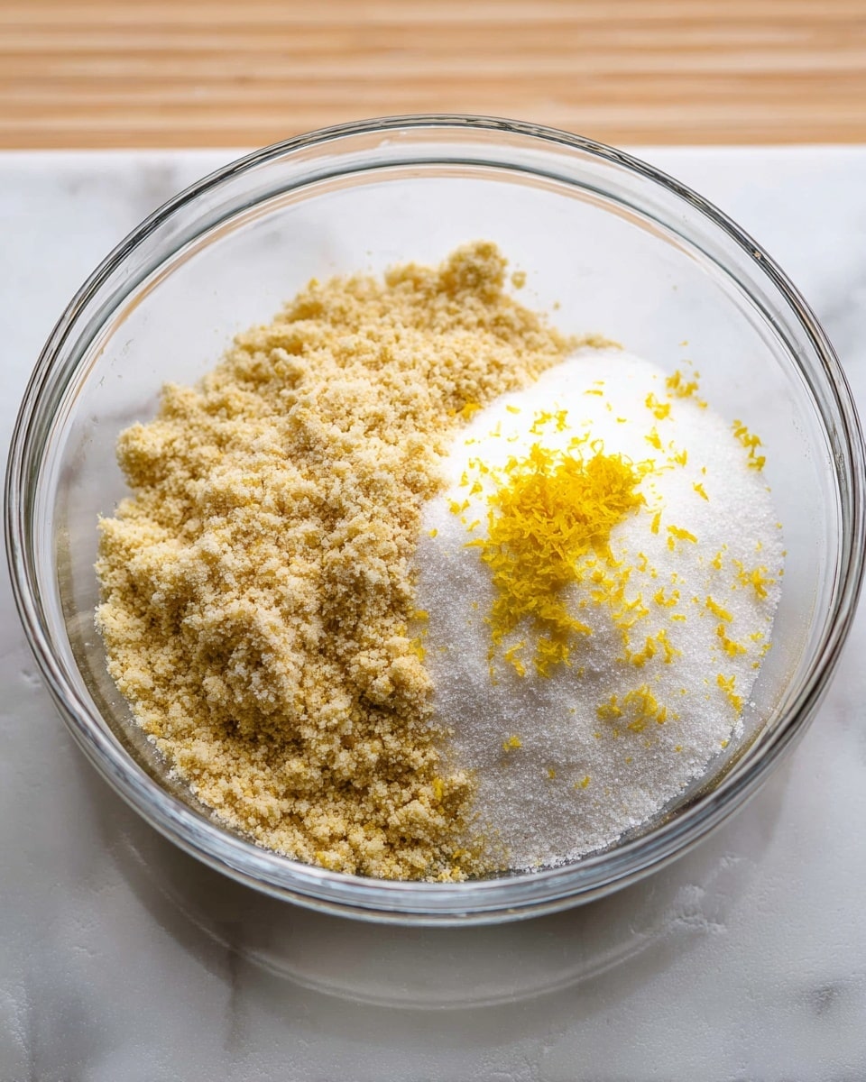 A clear glass bowl with two main layers of dry ingredients sits on a white marbled surface. On the left side of the bowl, there is a light beige crumbly layer that looks like ground nuts or crumbs. On the right side, there is a white granular layer of sugar with a small sprinkle of bright yellow lemon zest on top. The layers fill about half of the bowl’s depth, and the bowl’s transparent sides reflect light softly. The background is plain and softly blurred. photo taken with an iphone --ar 4:5 --v 7