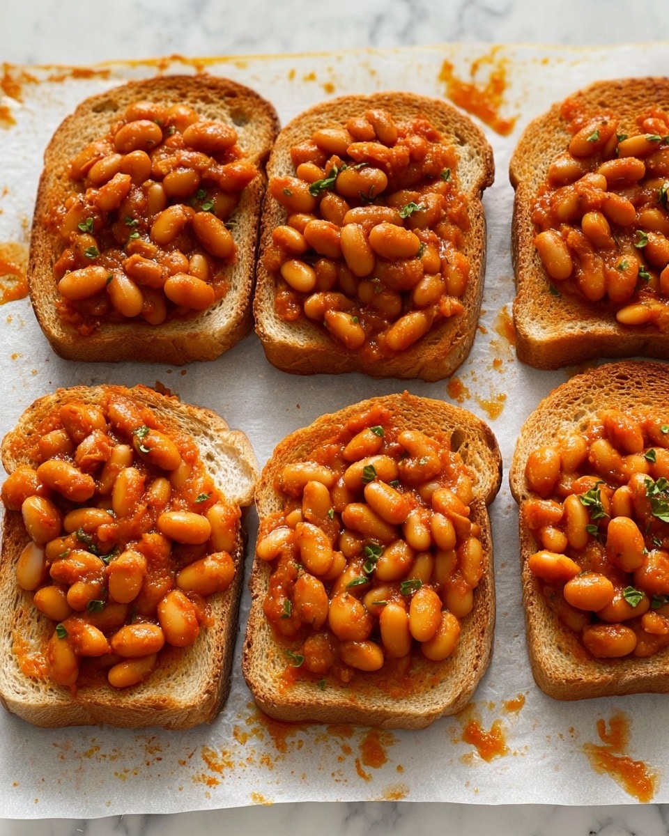The image shows six pieces of plain white bread laid out on parchment paper over a white marbled surface. Each slice of bread is topped with a generous layer of baked beans in a rich, thick orange-red sauce. The beans are soft, plump, and shiny, covered evenly across the bread slices, with small bits of green herbs mixed in for added detail. The sauce slightly spills over the edges of the bread, creating small puddles on the parchment paper. Photo taken with an iphone --ar 4:5 --v 7