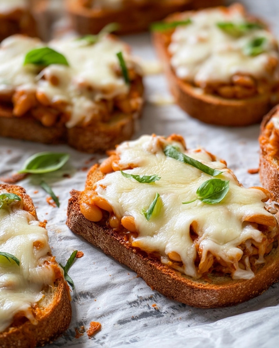 The image shows several pieces of toasted bread laid out on a parchment paper with a white marbled texture surface beneath. Each slice of bread is topped with a layer of baked beans sauce that has a reddish-orange color and soft texture, giving a moist and warm base. On top of the sauce, there is a thick layer of melted cheese in a creamy white color, slightly browned and stretchy in spots, covering most of the sauce but letting some beans peek through around the edges. Some slices are decorated with thin strips of fresh green basil leaves, adding a touch of brightness and color contrast. The focus is close-up, highlighting the warm, inviting texture of the melted cheese and sauce. photo taken with an iphone --ar 4:5 --v 7