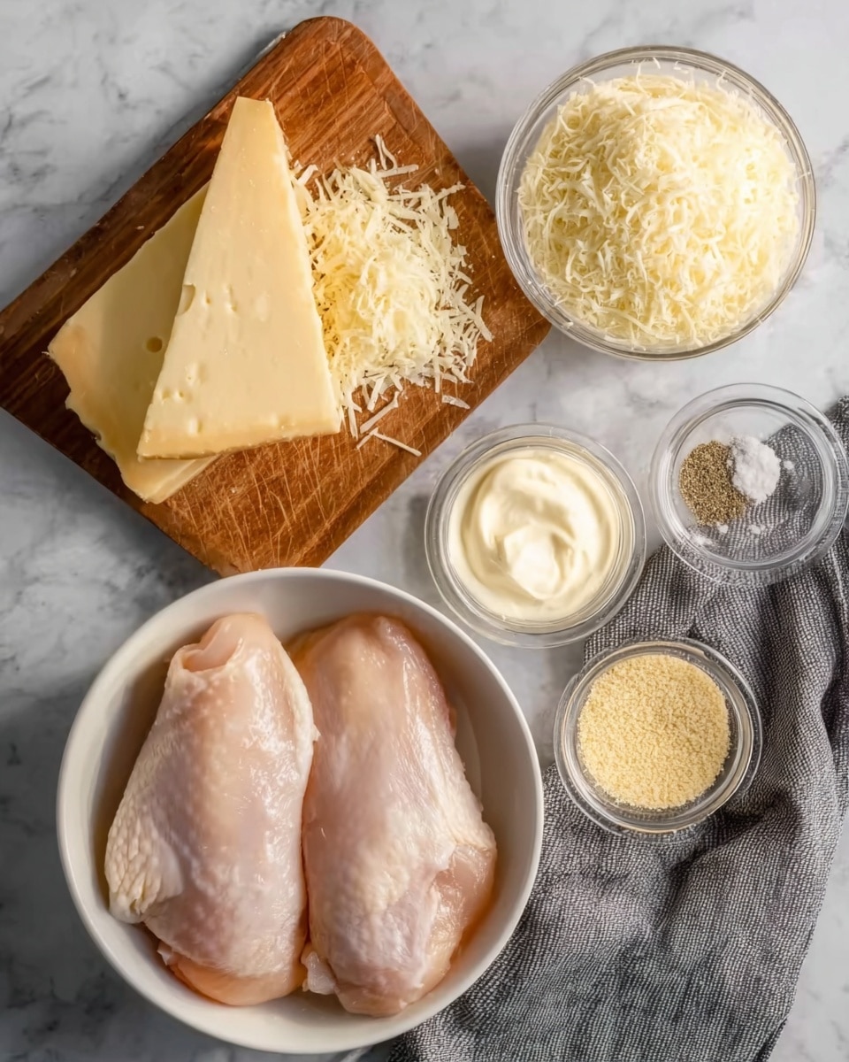 The image shows two raw chicken fillets in a white bowl in the lower left corner, smooth and shiny with a pale pink color. Above the bowl, there's a wooden board with a block of pale yellow cheese and a pile of shredded cheese next to it. To the right of the chicken, there is a small clear bowl filled with creamy white mayonnaise. Nearby, a small white square container holds a light beige granular substance, likely breadcrumbs. Two small glass shakers with silver tops, presumably salt and pepper, are placed close together near the bottom right. A grey cloth napkin is draped beside the small bowls. All items are arranged on a white marbled surface. photo taken with an iphone --ar 4:5 --v 7