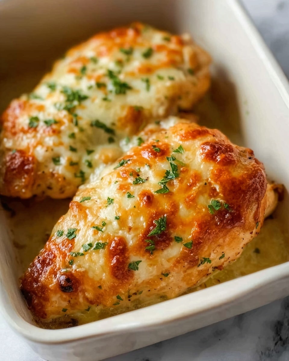 The image shows two pieces of cooked chicken inside a white ceramic dish, placed on a white marbled surface. Each chicken piece is covered with a browned layer of melted cheese that has a slightly bubbly texture, sprinkled with small green parsley leaves. The chicken underneath has a light golden color with a few darker brown spots, indicating it has been baked or roasted. The overall look is warm and appetizing with a mix of golden, white, and green colors. Photo taken with an iphone --ar 4:5 --v 7