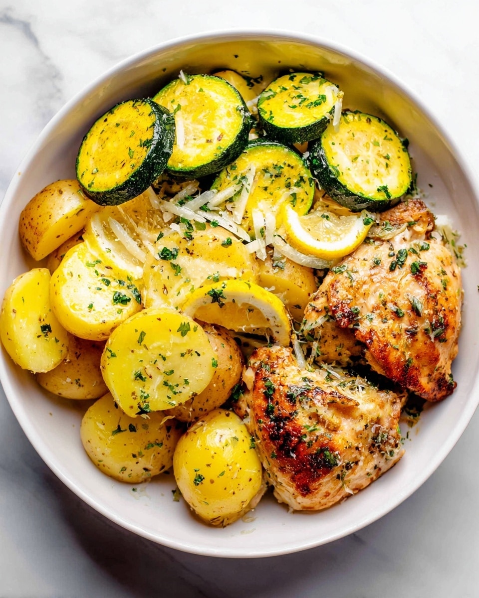 A white bowl on a white marbled surface holds a dish with three main layers. The bottom layer consists of soft yellow baby potatoes cut in halves, with a light sprinkle of green herbs. Above the potatoes, there are slices of yellow squash and green zucchini, arranged loosely on one side, topped lightly with shaved cheese. On top of the vegetables, there are two pieces of golden-brown roasted chicken, garnished with small green herb bits. Two lemon wedges sit near the chicken, adding a bright yellow color accent. The photo is taken with an iphone --ar 4:5 --v 7