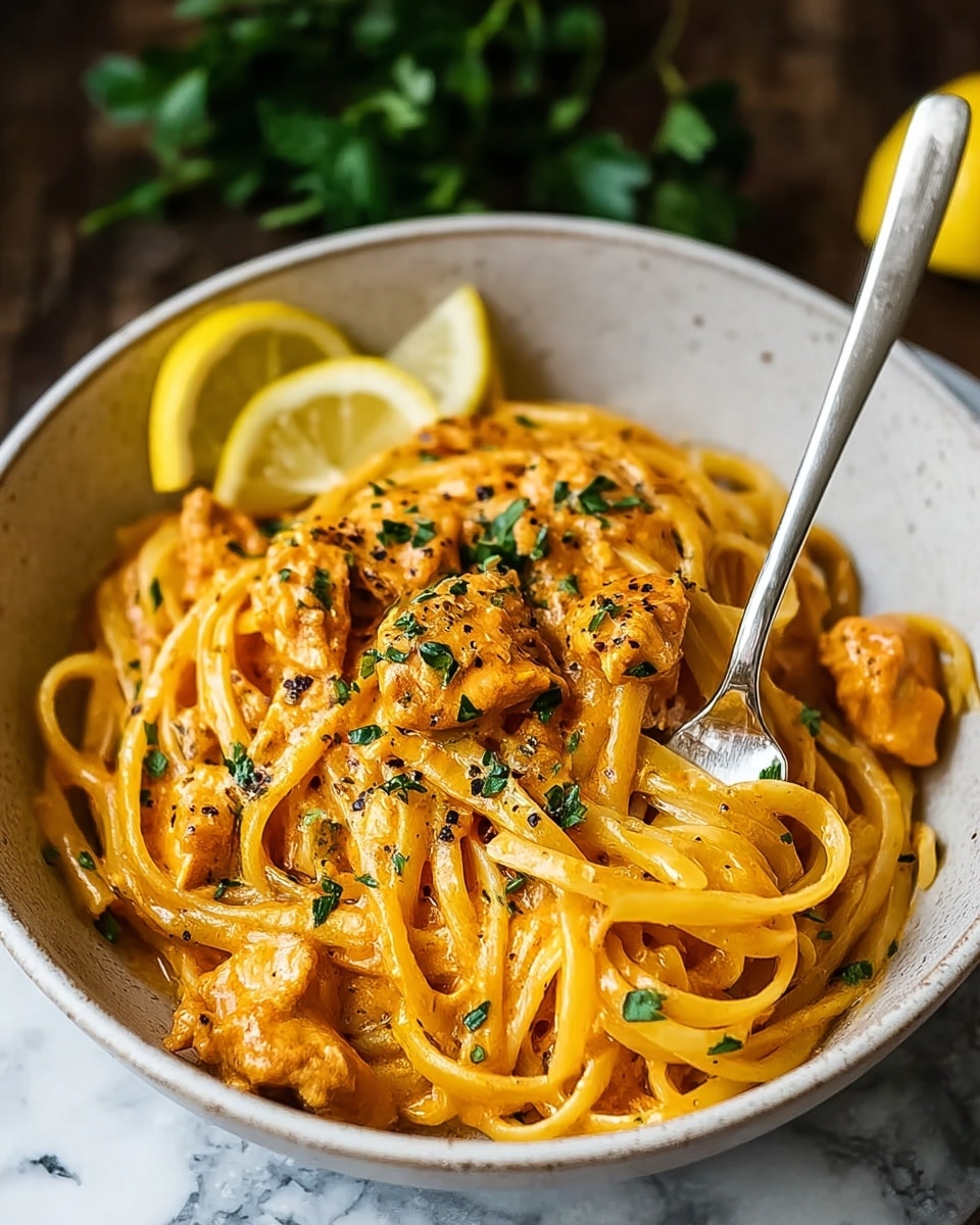 A bowl of pasta with thick, creamy orange sauce coating long noodles, topped with small pieces of cooked chicken sprinkled with green herbs and black pepper. Two lemon wedges are placed on the side of the food, and a fork is stuck into the noodles near the top edge. The bowl is white with a slightly rough texture on the outside, sitting on a white marbled surface with some green leaves blurred in the background. The lighting highlights the glossy texture of the sauce and the fresh colors of the garnish. Photo taken with an iphone --ar 4:5 --v 7