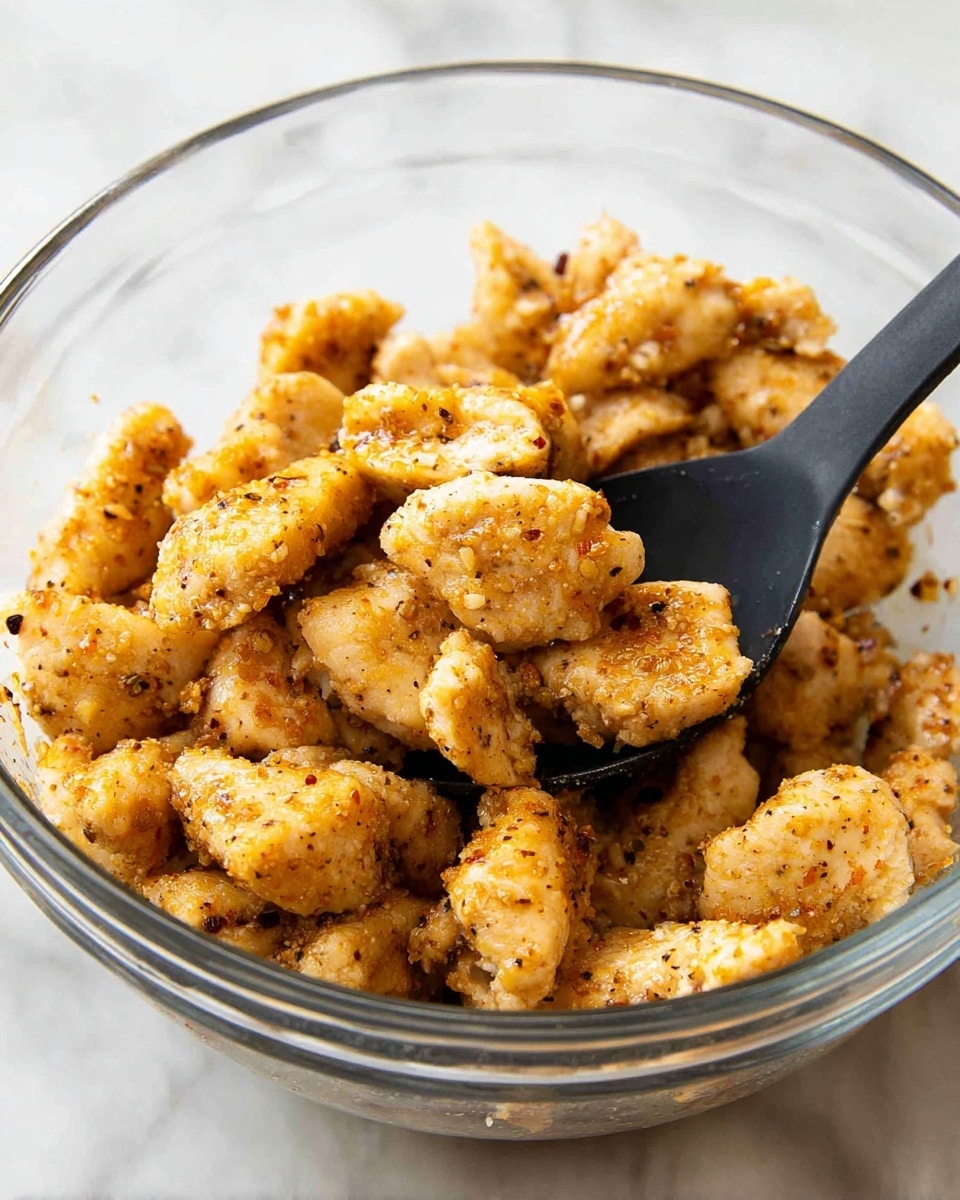 The image shows a clear glass bowl filled with small, golden-brown cooked chicken pieces that have a slightly crispy texture and some visible seasoning. The chicken pieces are in irregular, bite-sized chunks piled up closely together inside the bowl. A black spoon is scooping some of the chicken from the bowl, resting inside and lifting the pieces. The bowl is placed on a white marbled surface, with the top and sides of the chicken well lit, highlighting their slightly shiny, cooked surface. photo taken with an iphone --ar 4:5 --v 7