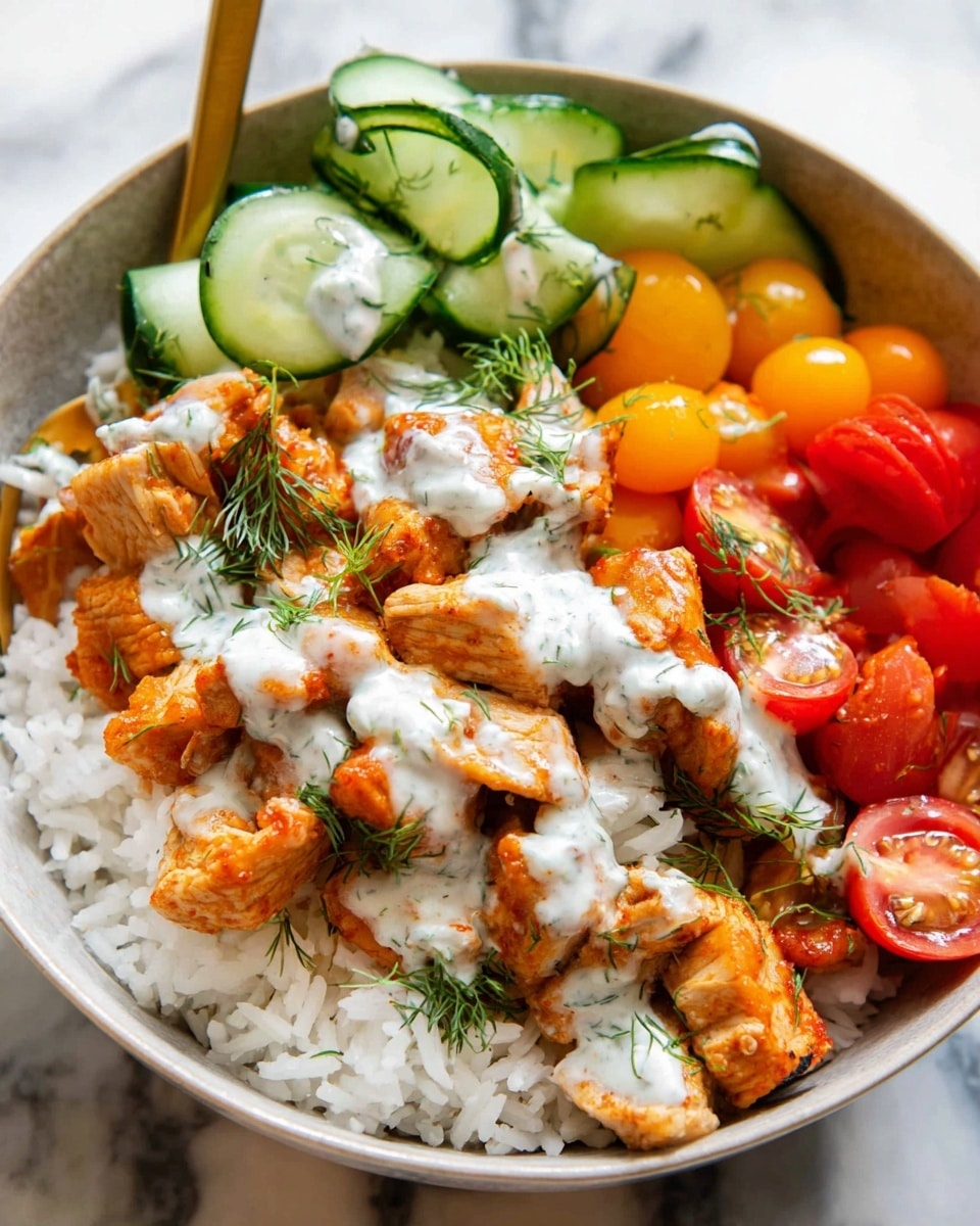 A white bowl filled with three main layers is shown. The bottom layer is white cooked rice, soft and fluffy. On top of the rice, there are golden brown pieces of cooked chicken, coated in a light spicy sauce with an orange hue. Scattered around the chicken are colorful cherry tomatoes in red, yellow, and orange shades. The top layer includes thin green cucumber ribbons curled loosely, drizzled with a creamy white sauce speckled with herbs. Small sprigs of fresh dill add green accents over the chicken and sauce. The bowl is placed on a white marbled surface, and a gold spoon is sticking out from the dish. Photo taken with an iphone --ar 4:5 --v 7