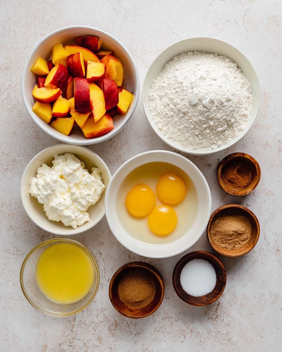 The image shows several white bowls and small brown wooden bowls arranged on a white marbled surface. The largest white bowl is filled with chopped red and yellow peach pieces. Another white bowl contains three raw eggs in a yellowish liquid. One more white bowl holds a creamy white soft cheese or ricotta. A bigger white bowl is filled with white flour. There is also a white bowl full of fine white sugar. Smaller brown wooden bowls contain ground cinnamon, salt, and baking powder. Finally, a small clear glass holds melted yellow butter. All the bowls are neatly positioned, showing a clear view of the ingredients. Photo taken with an iphone --ar 4:5 --v 7