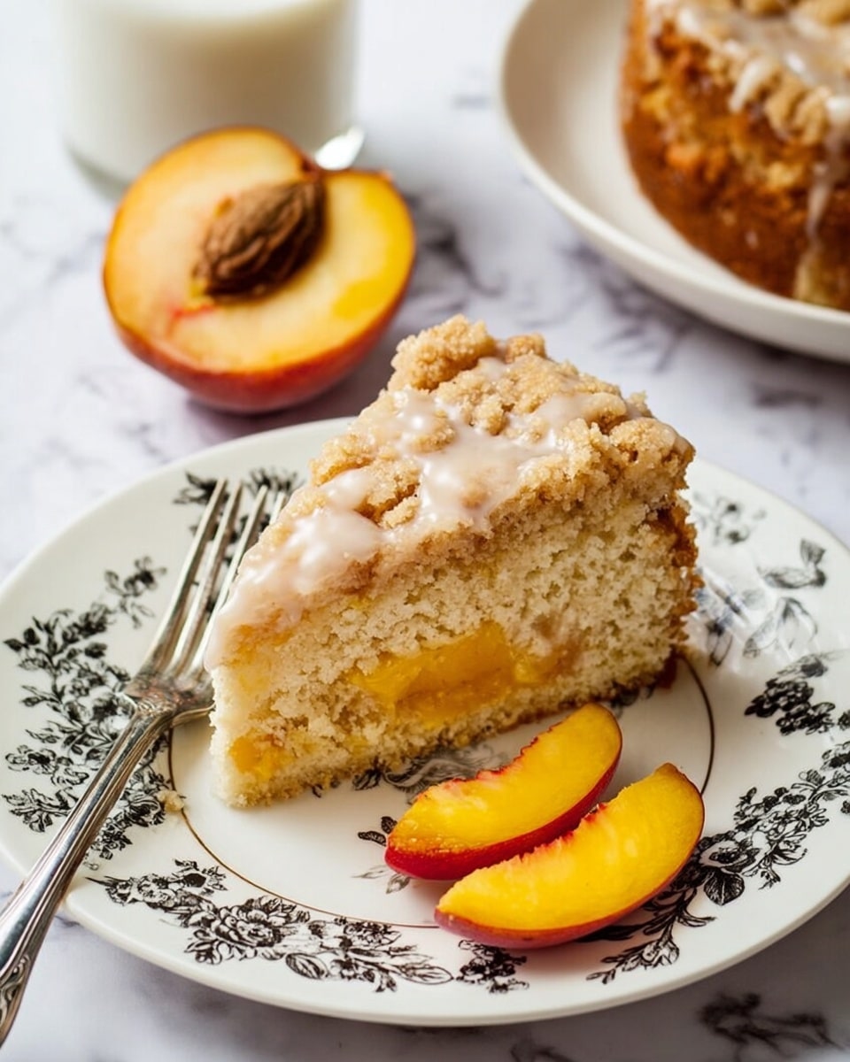The image shows a single slice of peach crumb cake on a white plate with a black floral pattern. The cake has three layers: a golden-brown crumbly top with a light glaze, a thick pale yellow middle layer with visible pieces of peach, and a slightly darker baked bottom layer. Next to the cake slice on the plate are two small peach wedges with an orange and red skin and bright yellow flesh. A silver fork rests on the plate near the cake. In the background, there is a half peach with its pit exposed and a glass of white milk. The whole scene sits on a white marbled surface. photo taken with an iphone --ar 4:5 --v 7