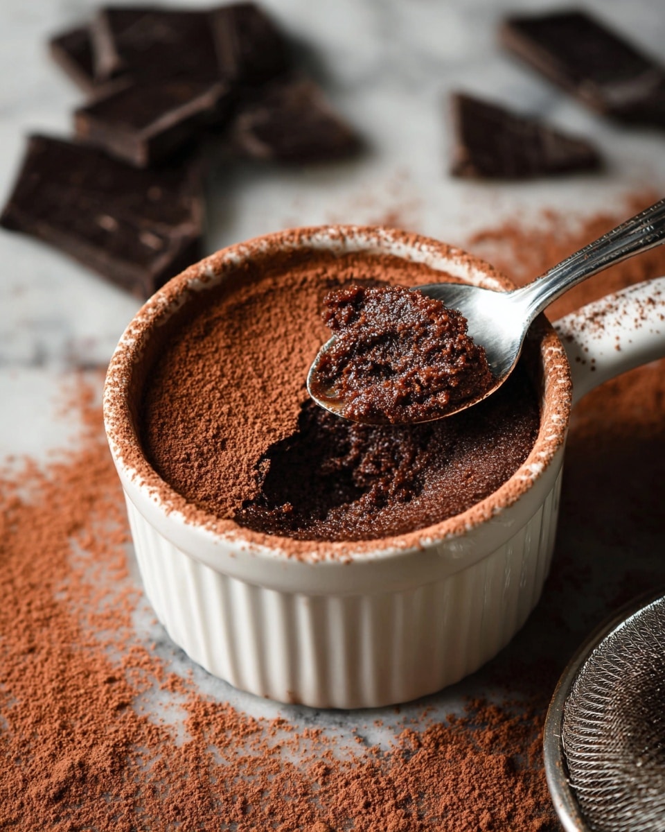 A small white ramekin filled with a rich dark brown chocolate dessert, topped with a layer of fine cocoa powder dusted both inside the rim and on the surface of the dessert which has a soft and slightly cracked texture. Inside the ramekin, a shiny silver spoon scoops a portion showing a moist dense chocolate layer beneath the cocoa powder. In the background, scattered chunks of dark chocolate and cocoa powder create a textured setting, with a metal sifter lying nearby. The entire scene rests on a white marbled surface. photo taken with an iphone --ar 4:5 --v 7