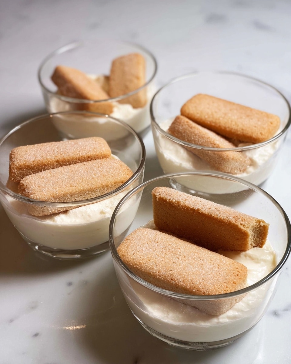 Four clear glass bowls each hold two layers: a bottom creamy white layer visible through the bowl and on top are four light brown sponge biscuits arranged flat, with one broken biscuit in the front bowl showing a softer interior. The bowls are placed on a white marbled surface, with soft shadows under and around them. The biscuits have a slightly grainy texture and a sugar dusting. Photo taken with an iphone --ar 4:5 --v 7