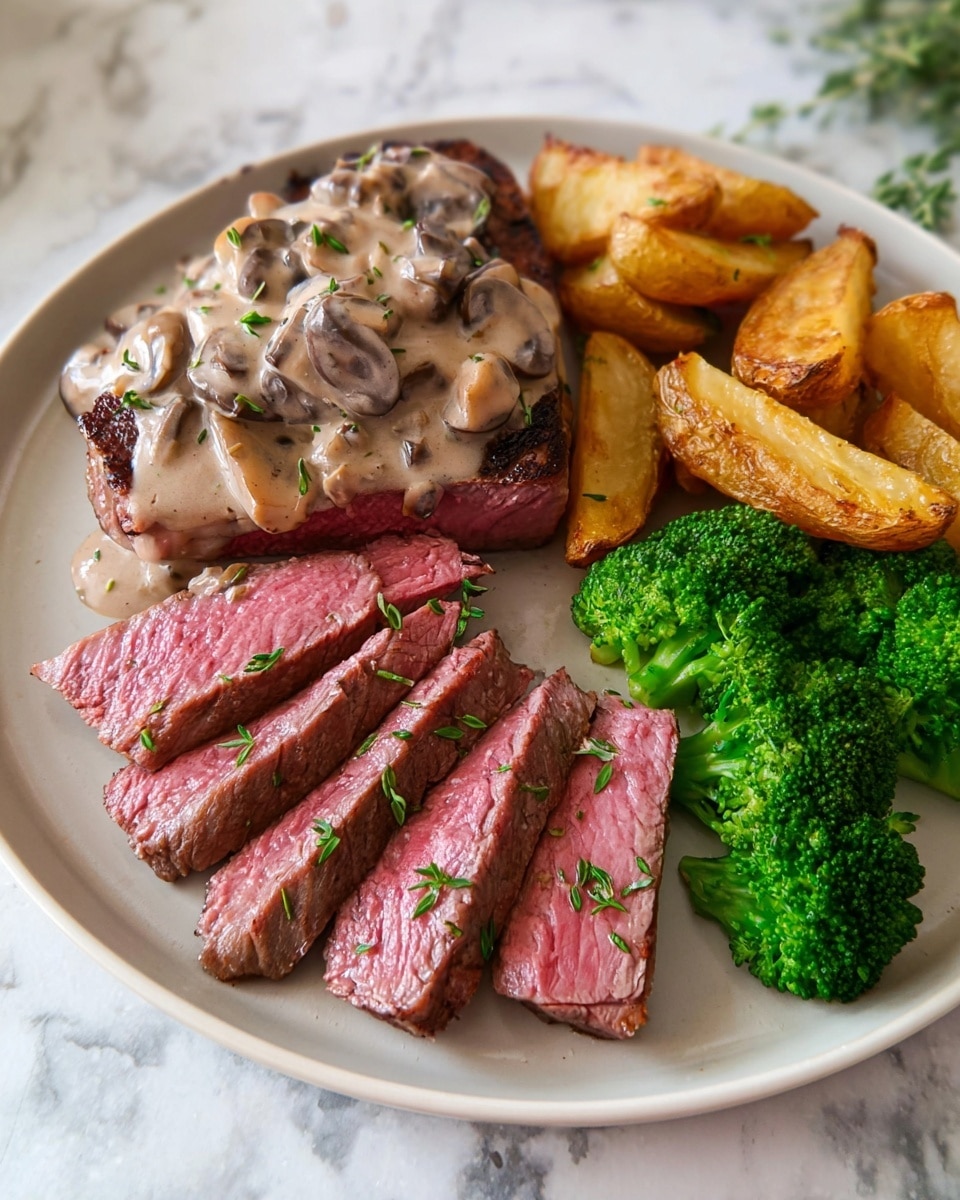 A white plate placed on a white marbled surface holds a meal with four main parts: in the top left is a thick, medium-rare steak topped with a creamy mushroom sauce that is light brown with pieces of mushroom and sprinkled with small green herb sprigs; below this steak, three slices of the same medium-rare steak show a bright pink inside and a brown seared outer edge, each slice garnished with tiny green herbs; on the right side of the plate, there are three bright green broccoli florets; next to the broccoli, a small pile of golden-brown potato wedges with crispy edges is arranged. photo taken with an iphone --ar 4:5 --v 7